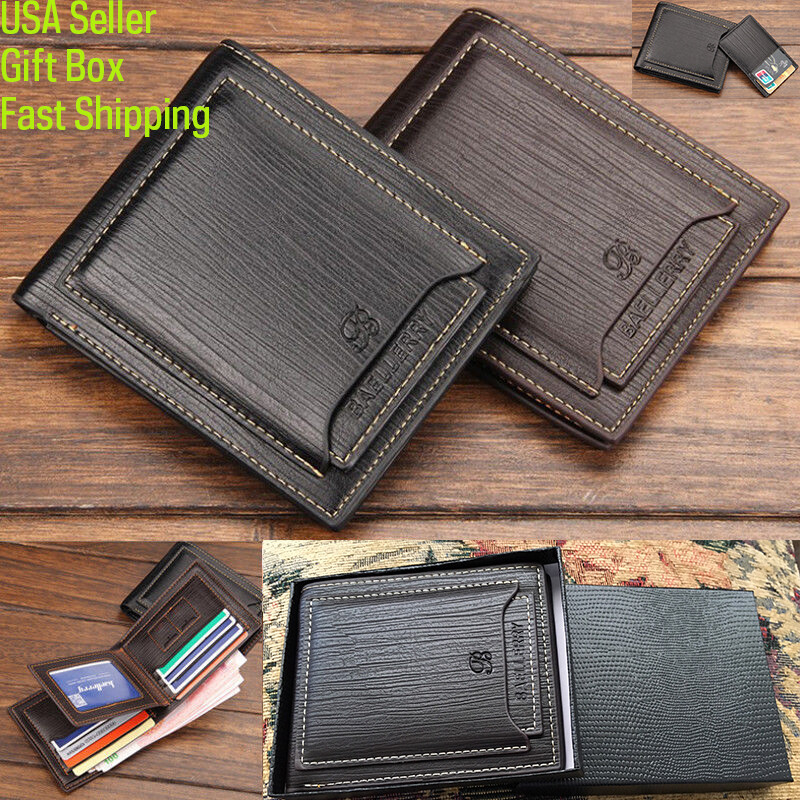 Men's S2 Bifold Leather Wallet ID Credit Sim Card Holder Billfold Clutch+ Box