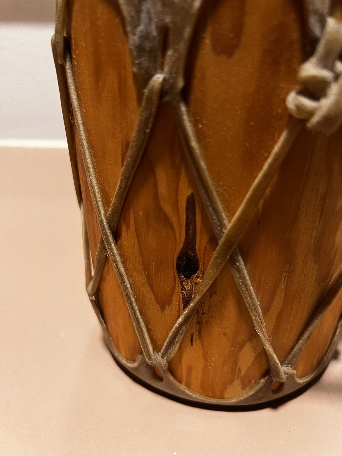 Rustic Native American Rawhide Log Drum 7 high x 5 Wide Preowned G2U