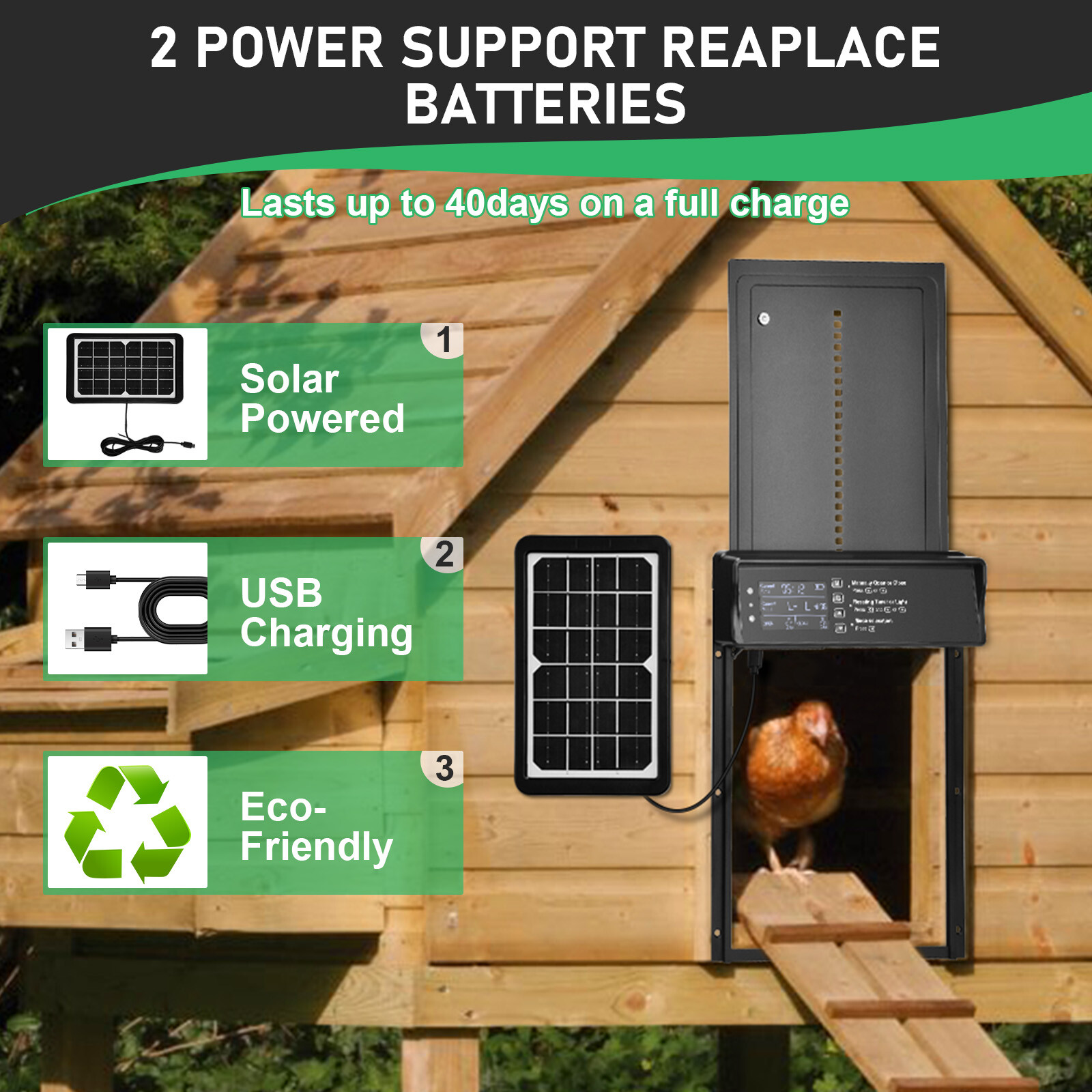 Automatic Chicken Coop Door Solar Powered Poultry Gate w/ Light Sensor/ Timer