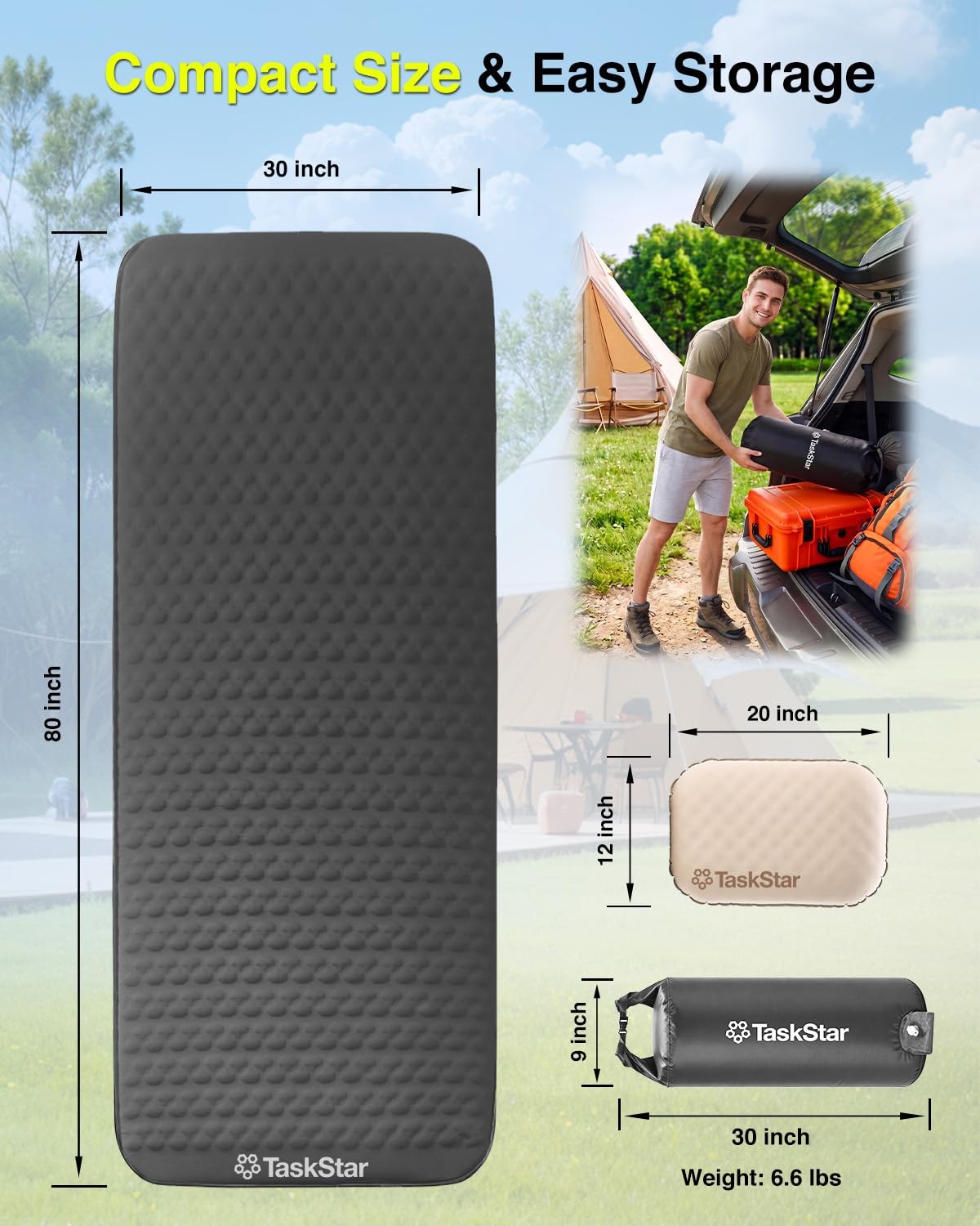 TaskStar 4" Self Inflating Sleeping Pad for Camping with 80''x30''x4'', Black