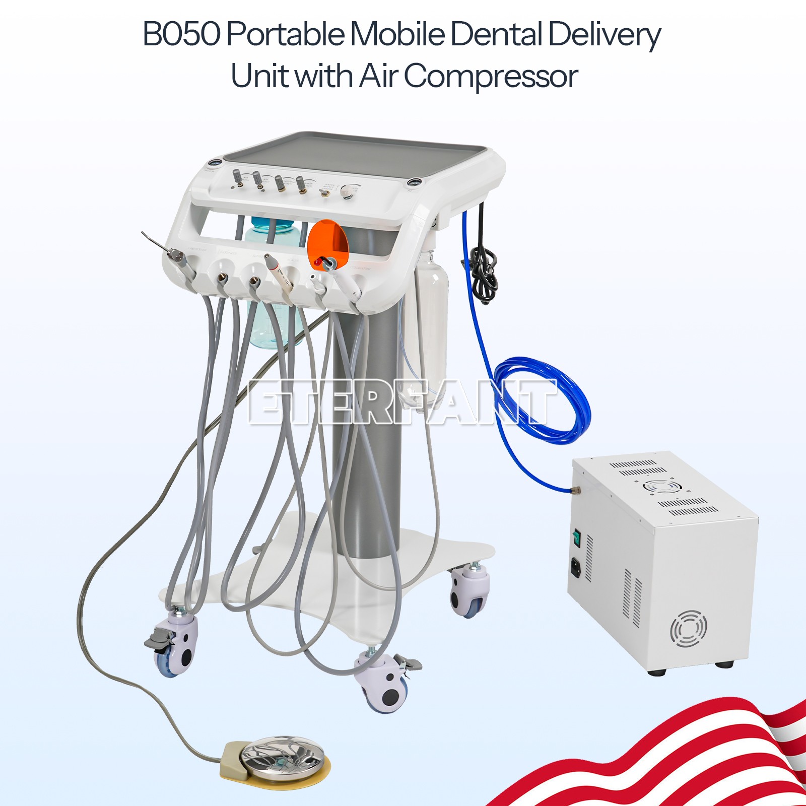 B050 Portable Mobile Dental Delivery Unit System 4 Holes+Suction+Air Compressor