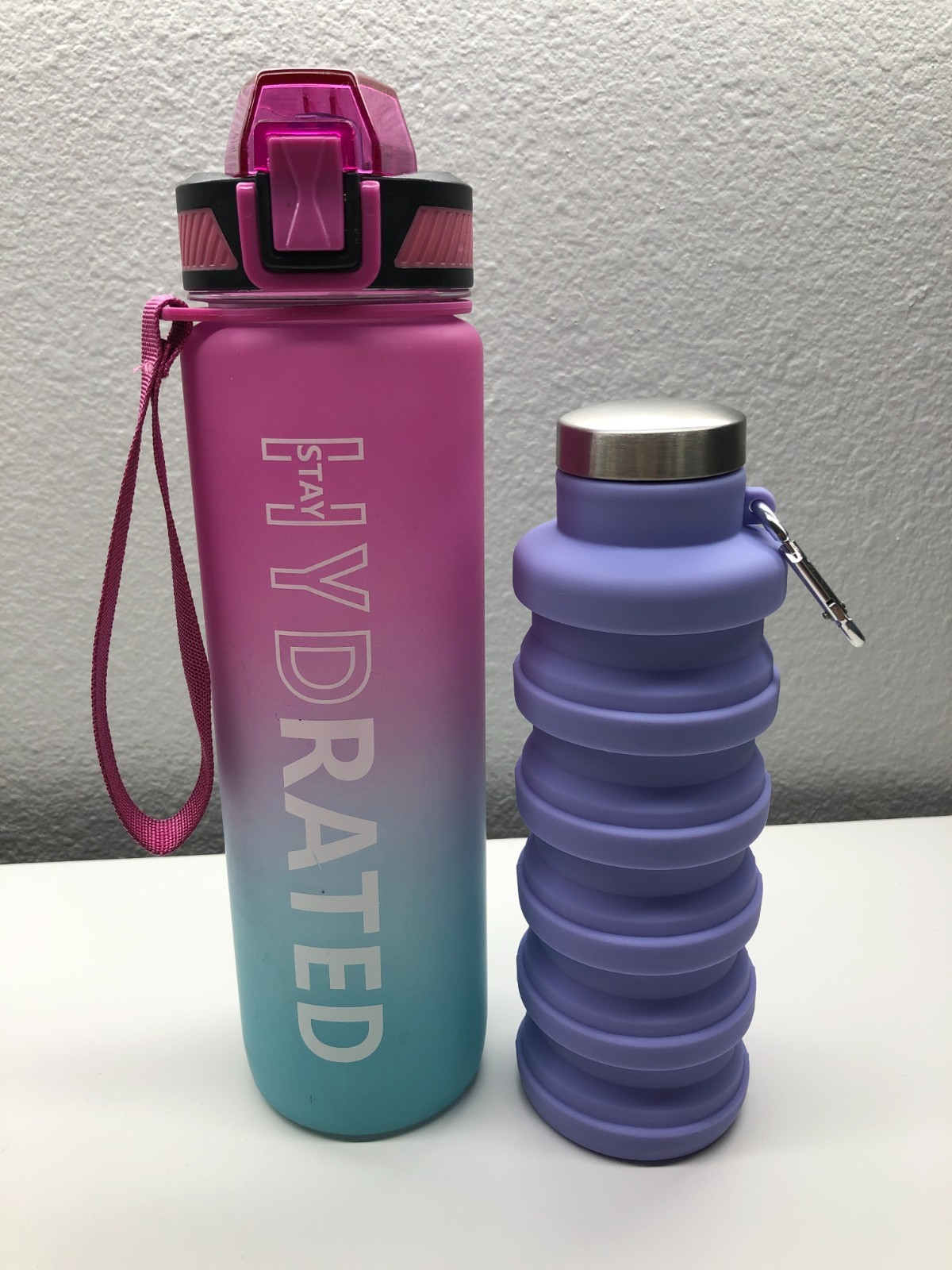 Lot of 2 Water Bottles Motivational 32 oz Multicolor 500ml Purple Collapsible