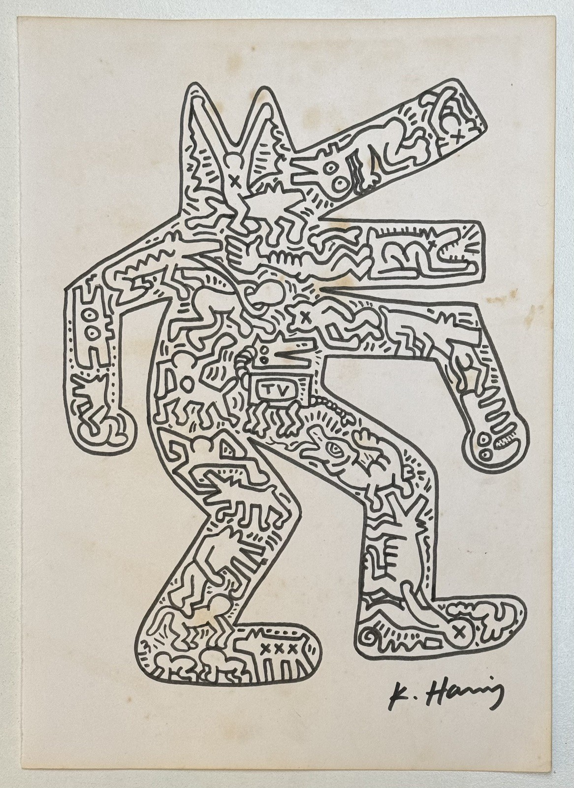 Keith Haring (Handmade) Drawing On old Paper Signed & Stamped, Vtg Art
