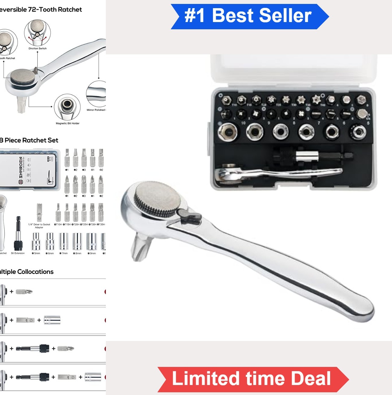 1/4 Mini Ratchet Set 28 Piece Right Angle Screwdriver Bits 72 Tooth Stubby Low