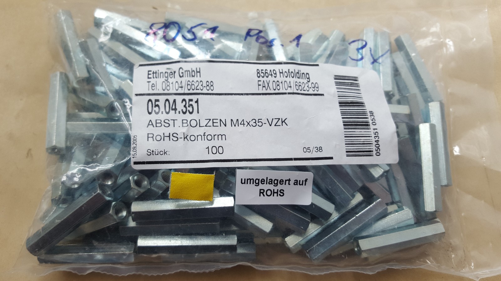 100 PCS OF ETTINGER 05.04.351 -  Standoff, Zinc Plated, Steel,