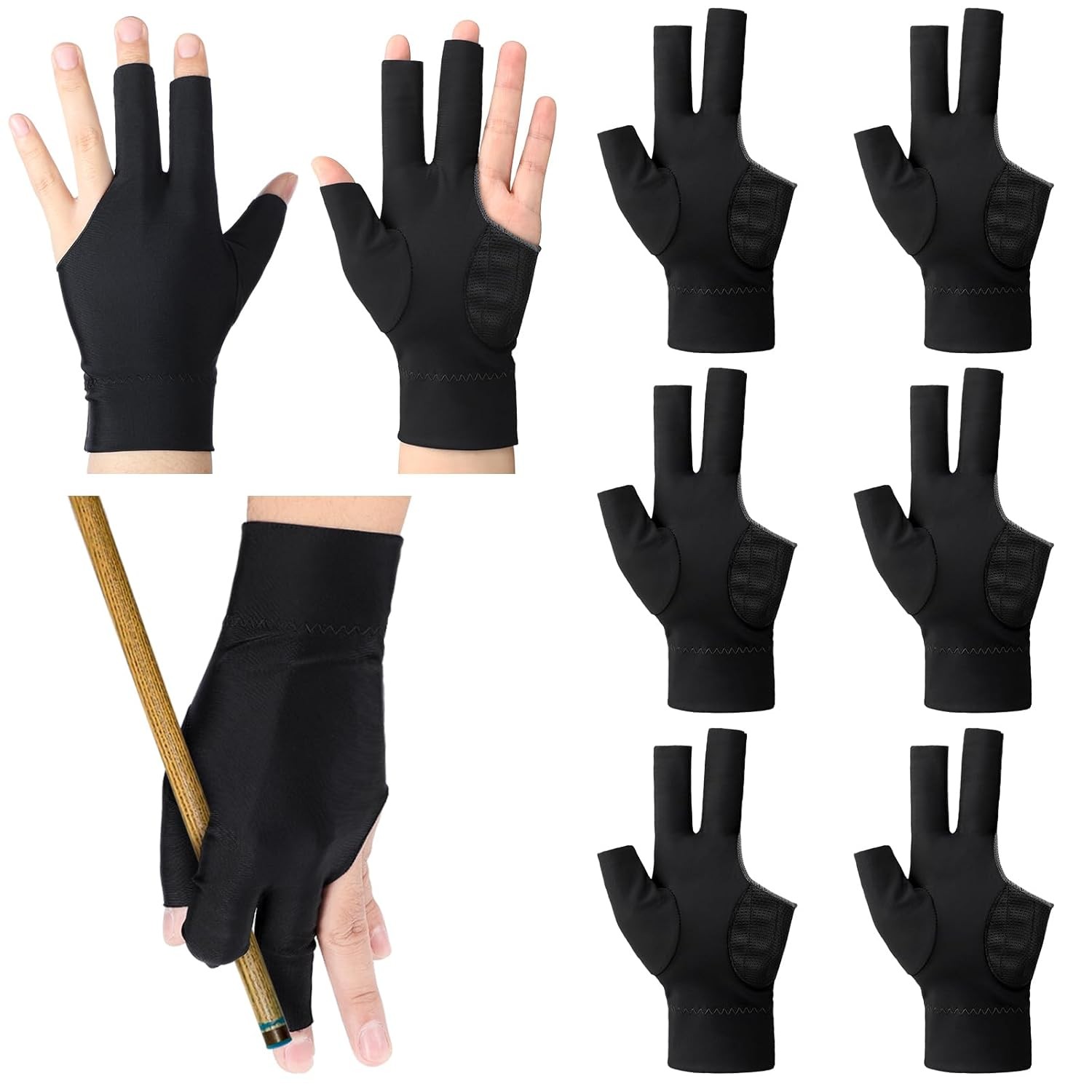 8 Pcs Billiard Pool Gloves Left Hand 3-Finger for Men & Women with Anti-Slip Lin