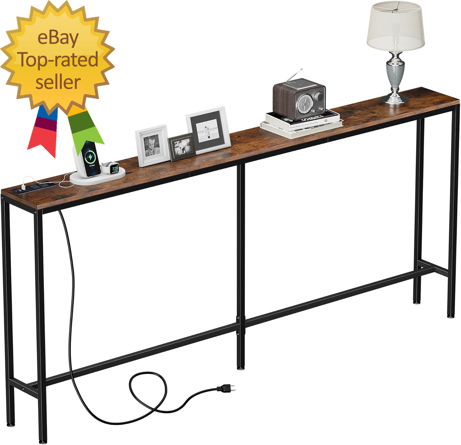 70.8 Inch Narrow Console Table with Power Outlet Industrial Long Sofa Table with