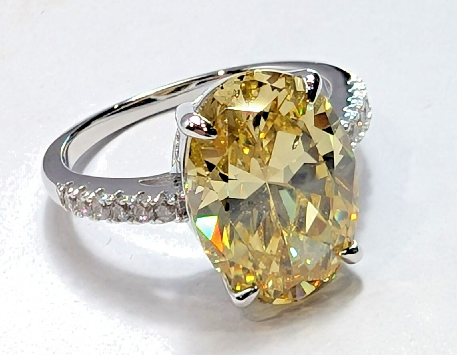 5CTTW Amber Oval Solitaire Lab Created Diamond Ring, VVS1, D, Silver .925 SO24