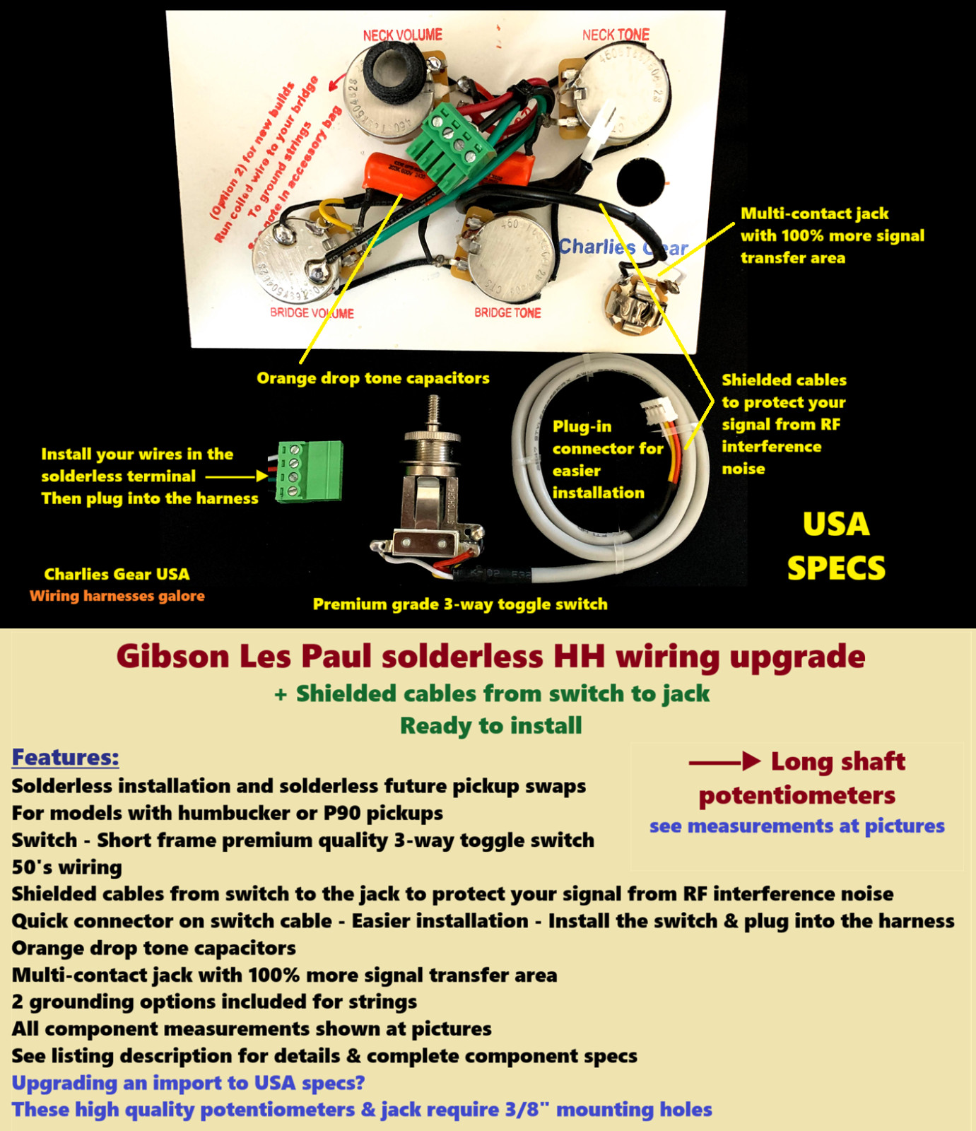 Les Paul Studio Solderless Wiring Upgrade + Bourns Long Shaft Pots +Short Switch