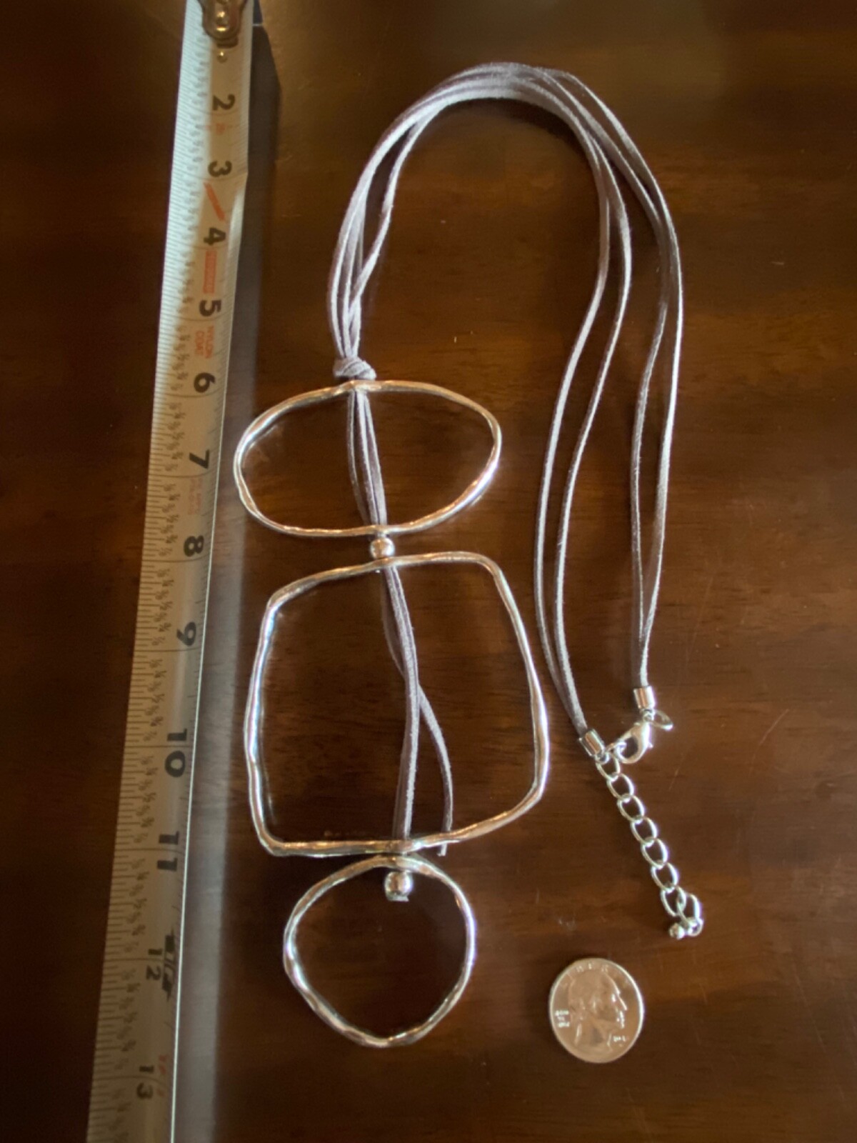 Genuine Leather Grey Statement Silver Tone Circle Round Square Pendant Necklace