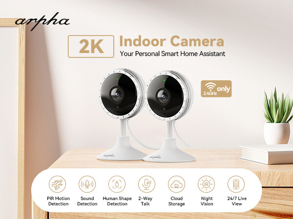 ARPHA 2K Indoor Security Camera WiFi Motion Sound Detection IR Night Vision 2Pcs