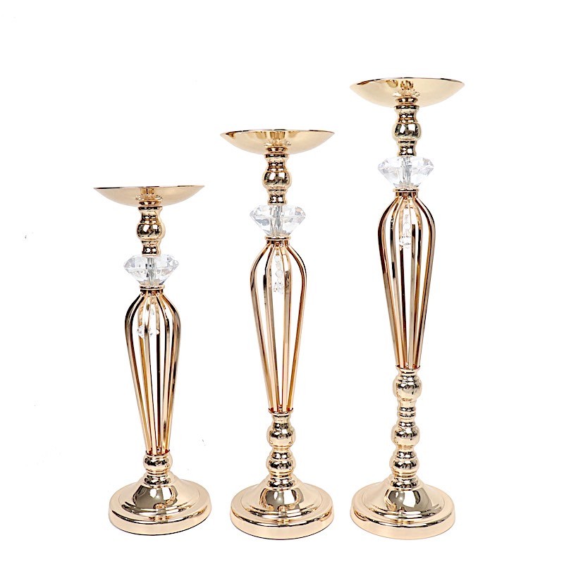 3 Gold Metal Crystals Pillar Candle Holders Pedestal Stand Set Party Events