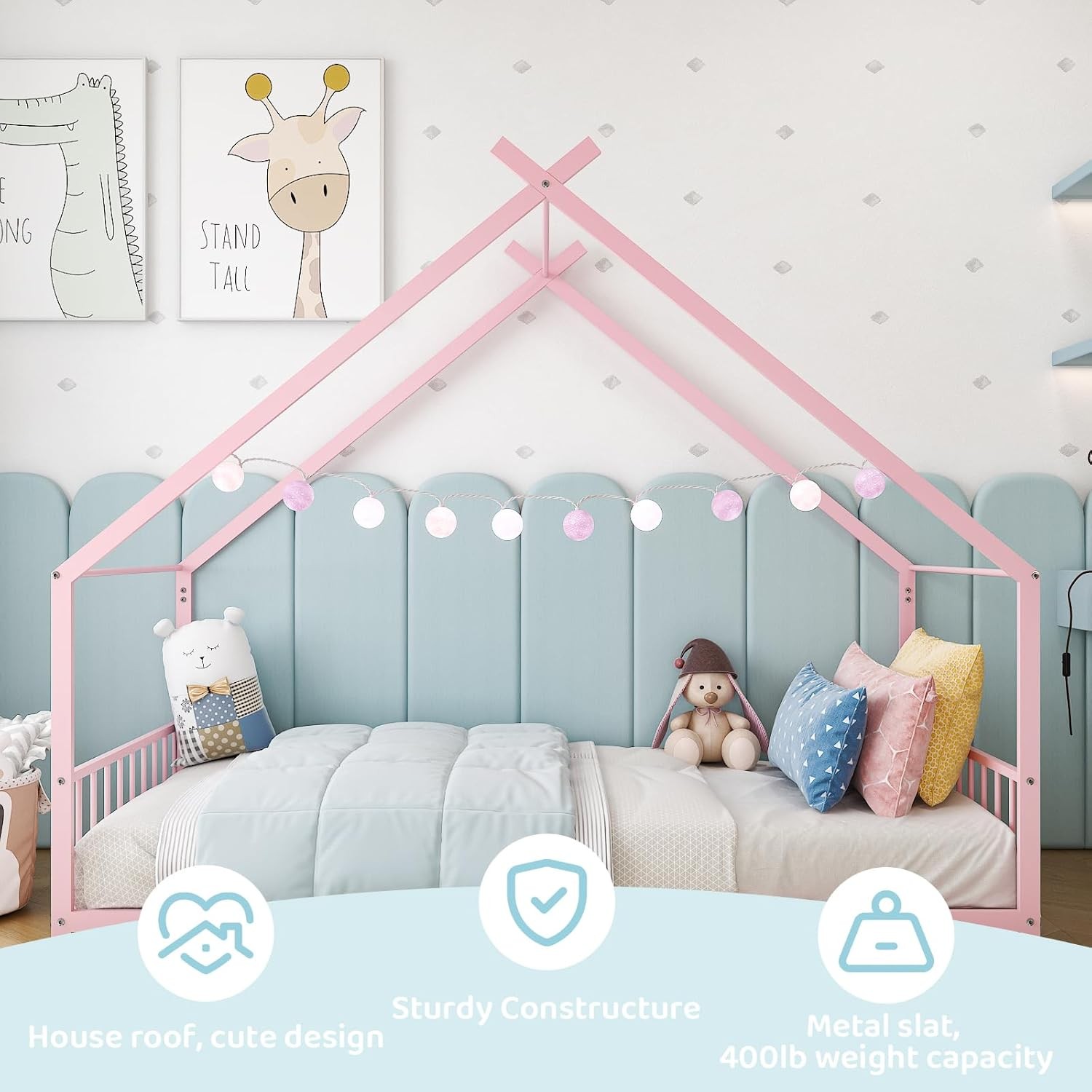 Twin Size Toddler Floor Bed,Metal Montessori Bed with Slats & Fence,Roof/ House