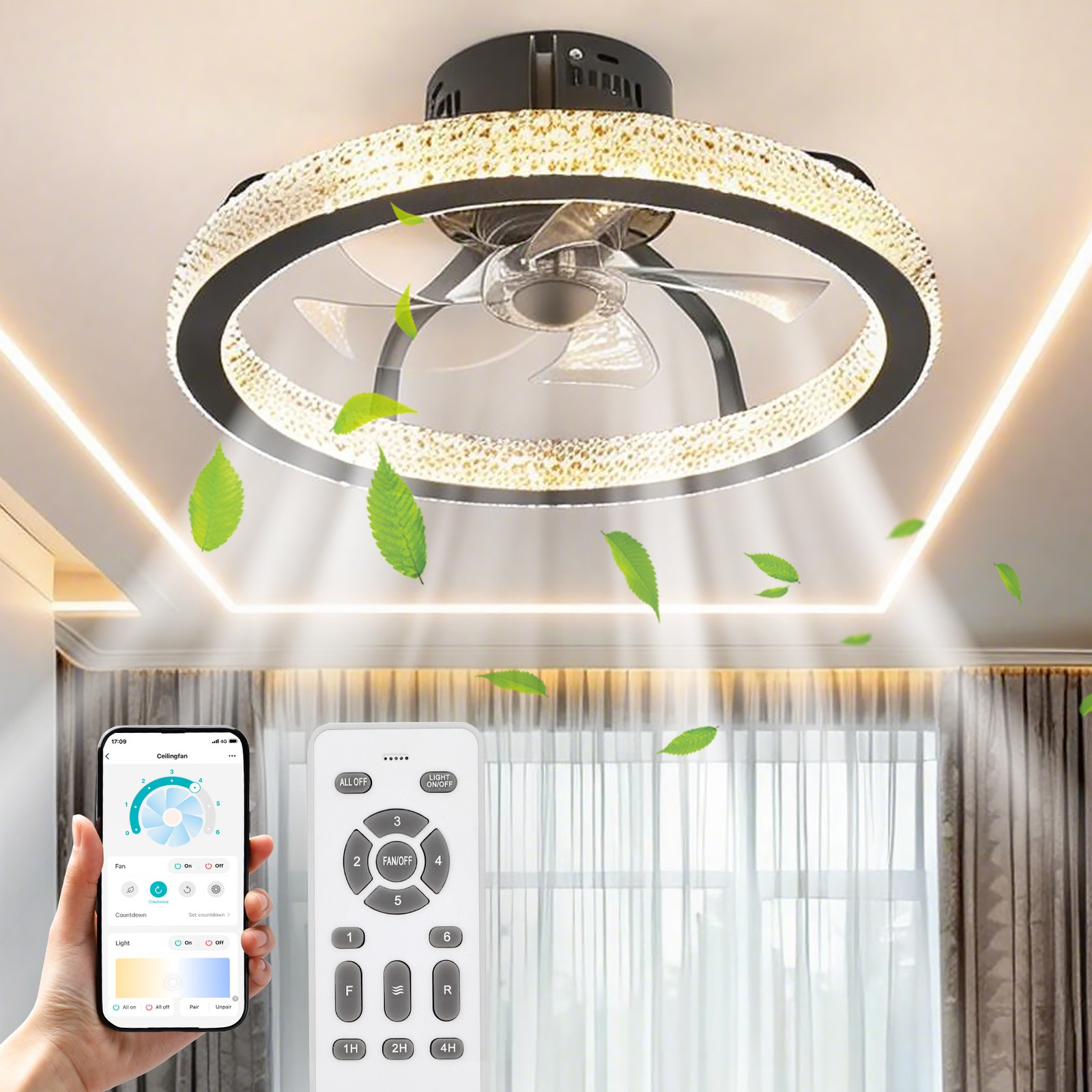 TCFUNDY RGB LED Ceiling Fan with Light App + Remote Control + Bluetooth Speaker