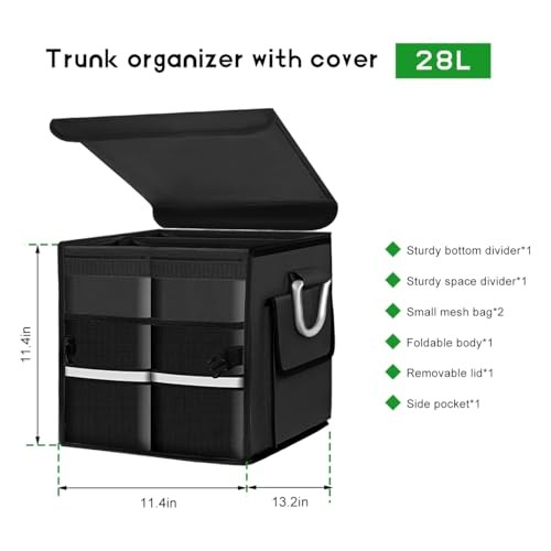 Trunk Organizer with Lid, 28L Collapsible 2-Compartment Car Storage Box Black