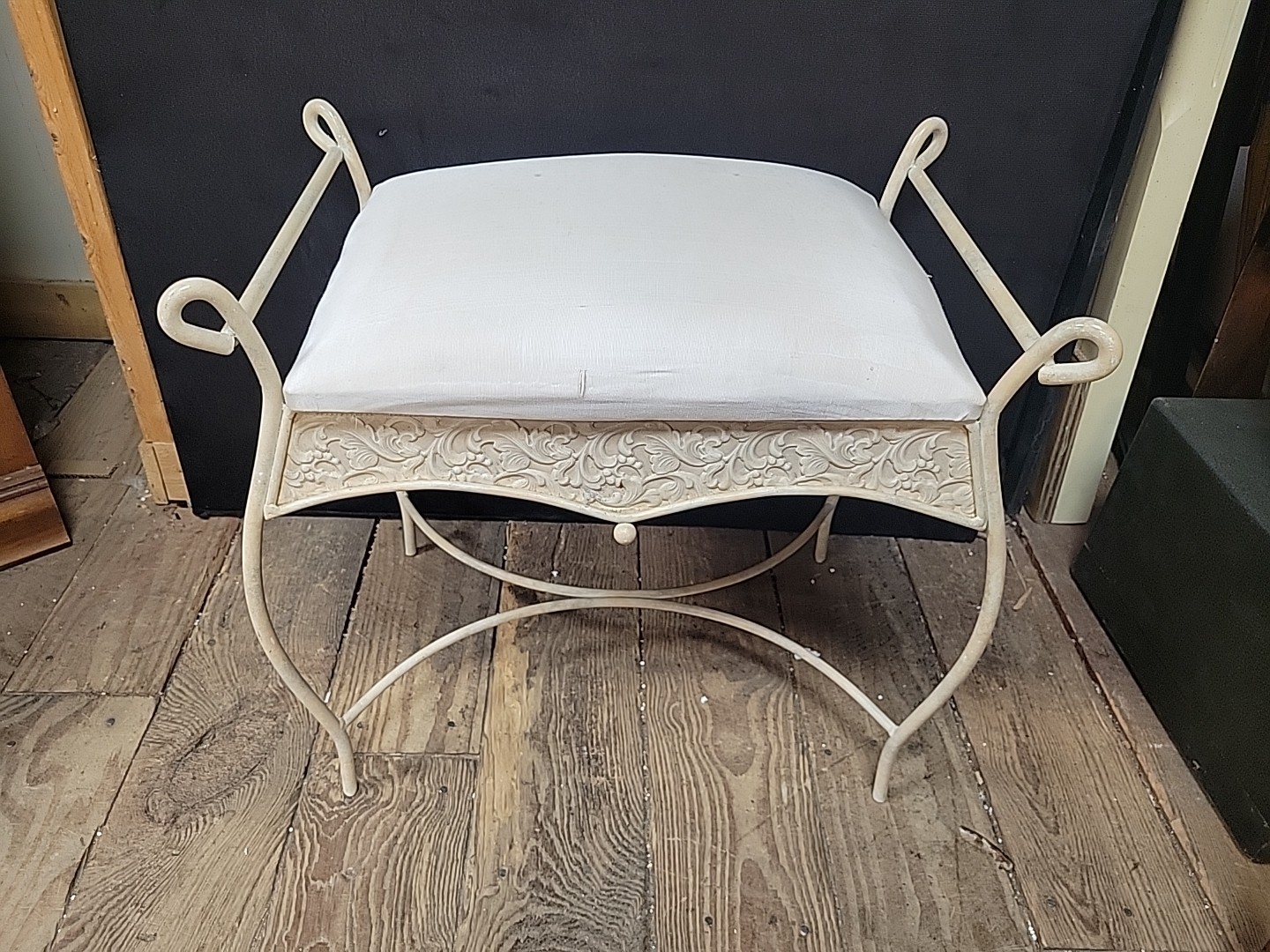 Vintage Cast Iron Bench Vanity Stool Side Seat Upholstered Seat