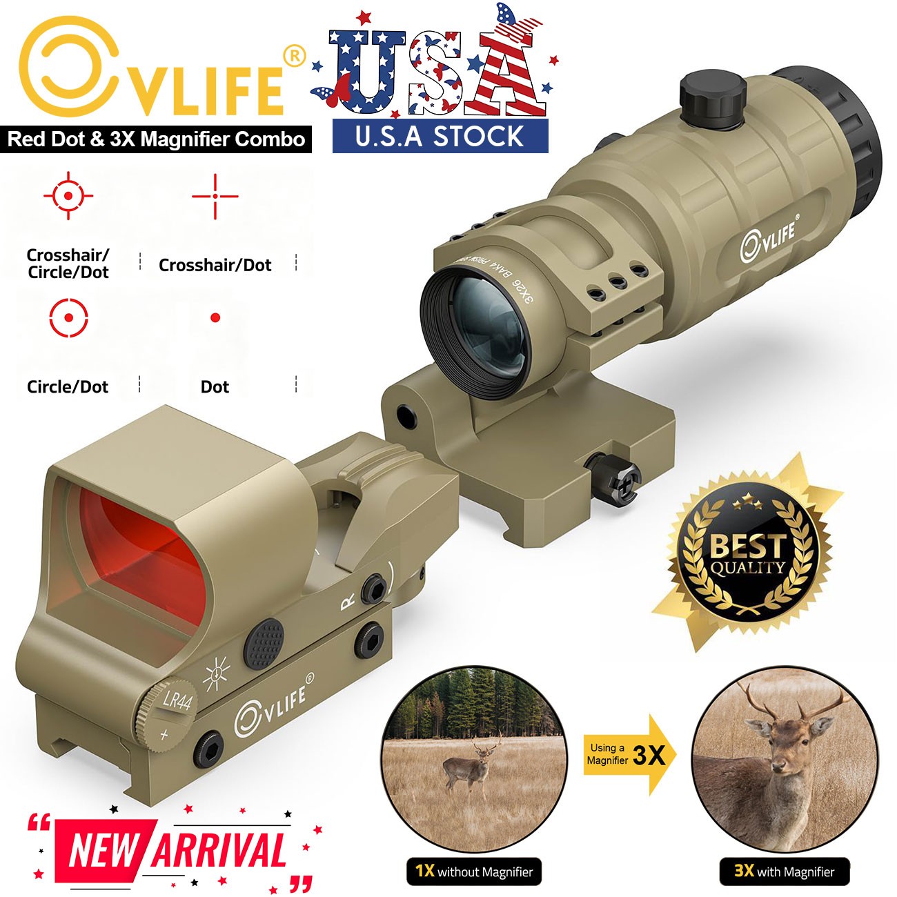 Holographic Red Dot Sight Scope + 4 Reticle & 3X Magnifier w/ Flip-to-Side Mount