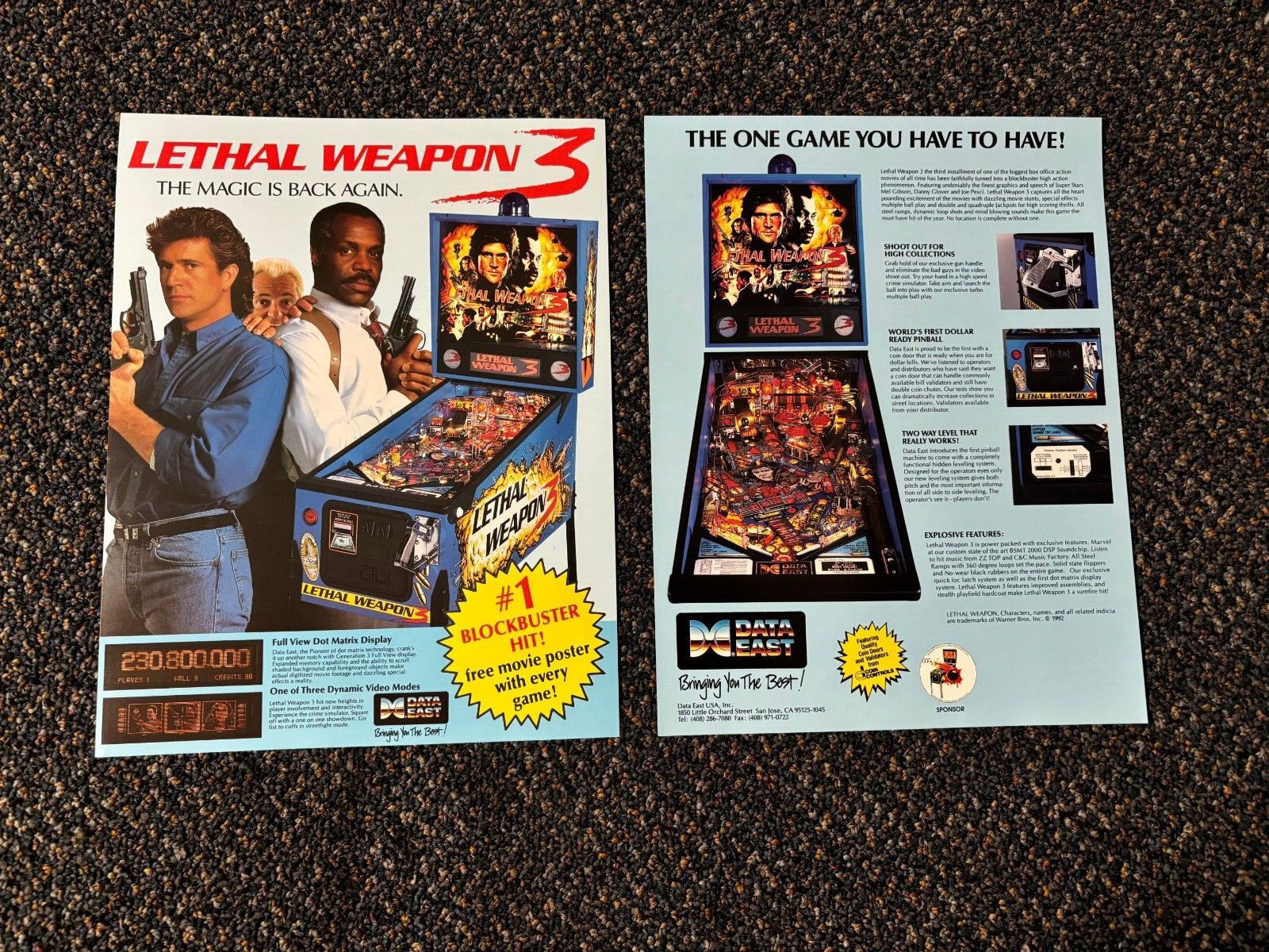 2 1992 DATA EAST FACTORY ORIGINAL LETHAL WEAPON 3 PINBALL FLYERS UNCIRCULATED