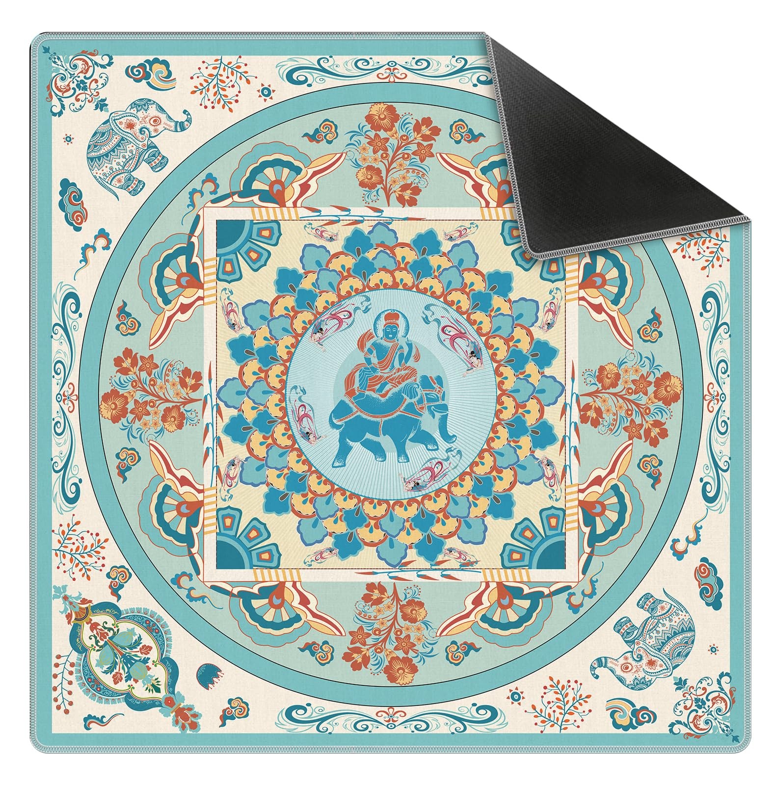 Blue Chinoiserie Mahjong Mat 31.5" x 31.5", Vintage Blue Oriental Non-Slip No...