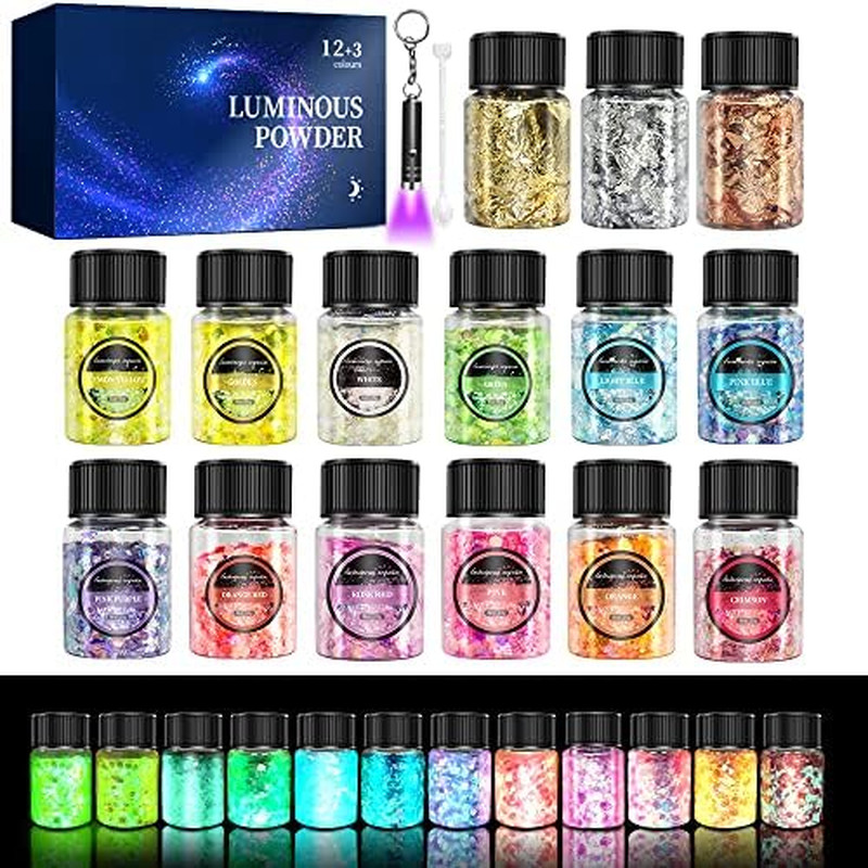 OSBANG Glow in the Dark Glitter 15 Jar - 12 Colors Glow Glitter and 3 Colors
