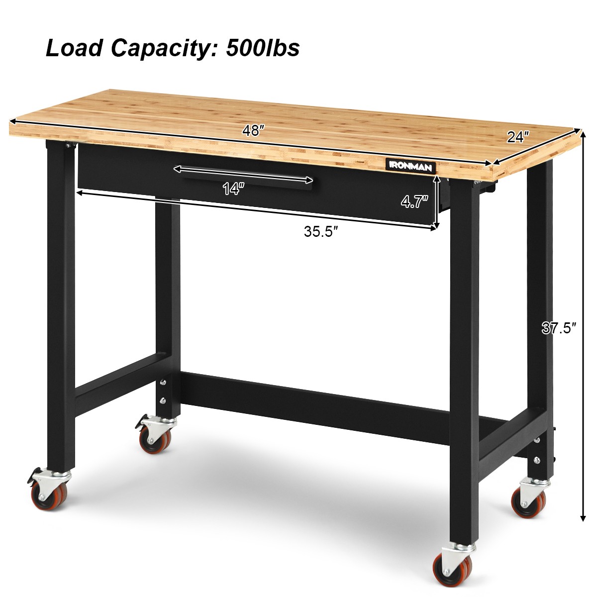 48 Inch Mobile Workbench Bamboo Top Modern w/Rubber Wheels and Organizer Drawer