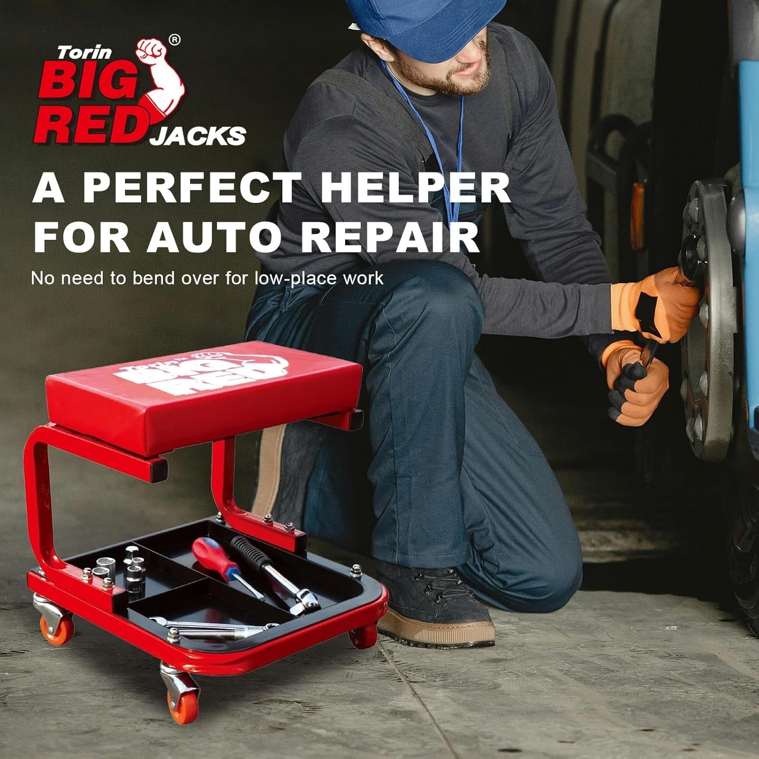 Torin Medium Red Rolling Creeper Stool - Padded Seat, Easy Mobility, Tool Tray