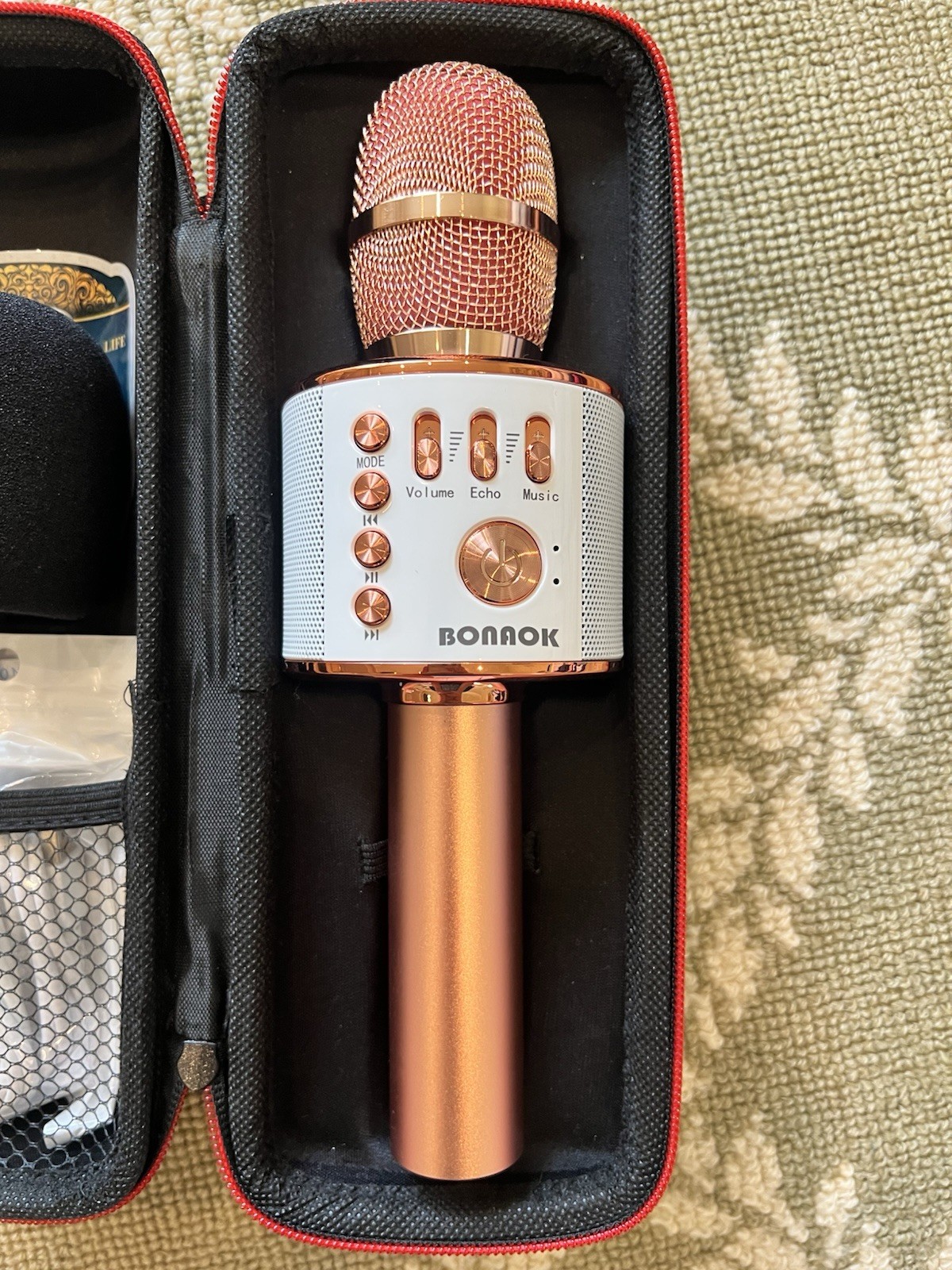 BONAOK Bluetooth Karaoke Microphone Rose Gold with Case, Echo & Music Control