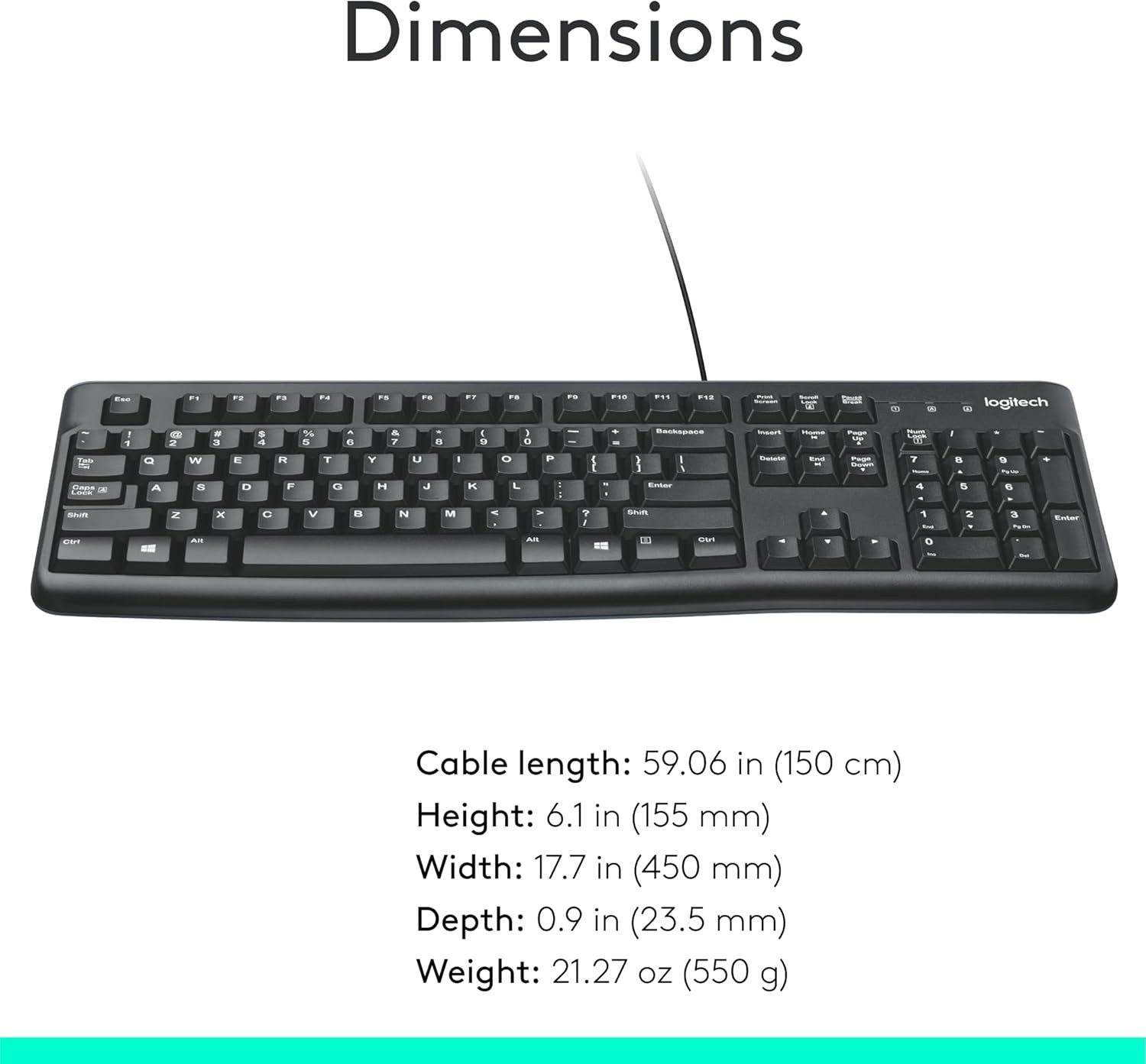 Logitech K120 Wired USB Keyboard Full Size Spill Resistant for PC Windows