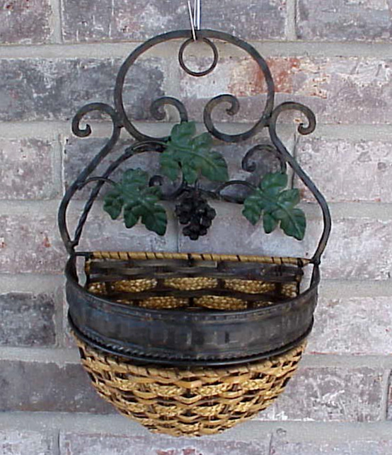 Vintage Wall Pocket Hanging Wrought Iron Wicker Basket Grape Cluster 14"