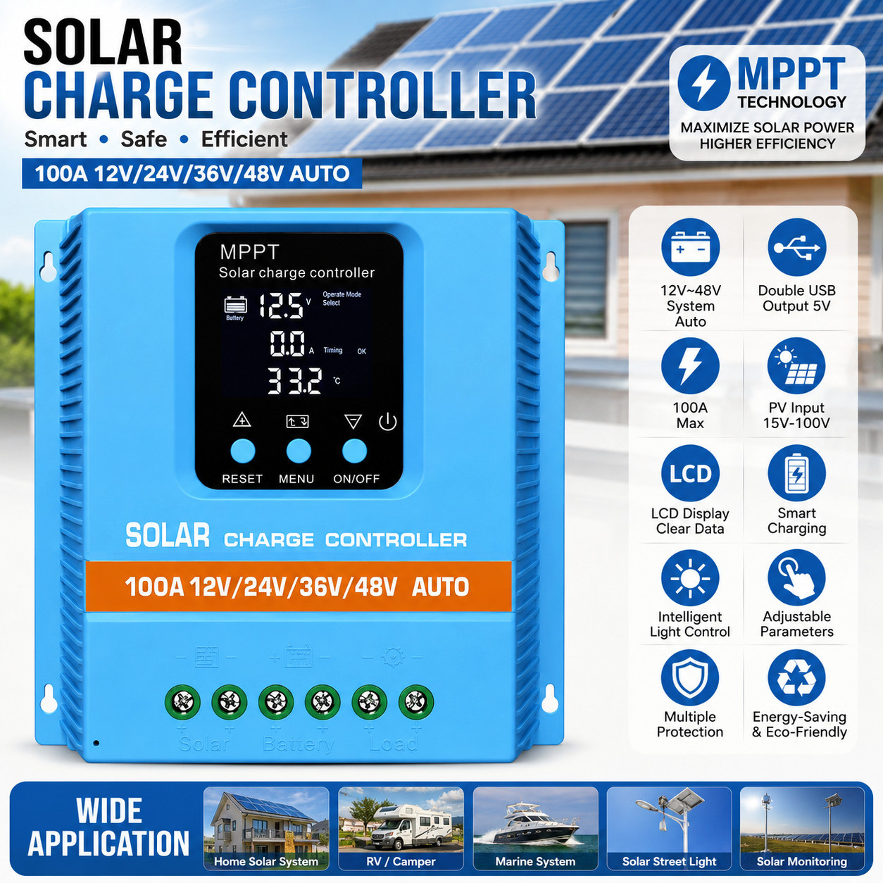 4800W 100A MPPT Solar Charge Controller 12V/24V/36V/48V Battery PV Regulator US