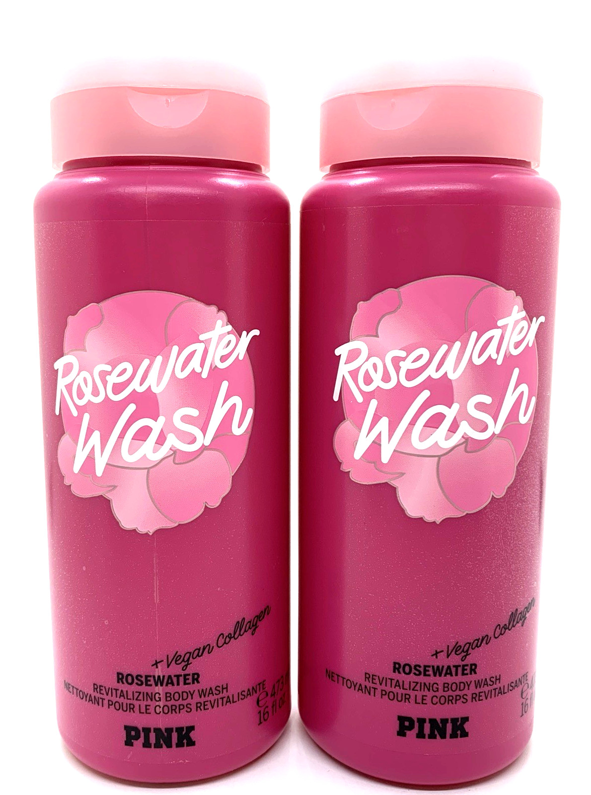 2 Victoria's Secret Pink ROSEWATER Body Wash Gel Smoothing Micro-Exfoliant 16 oz