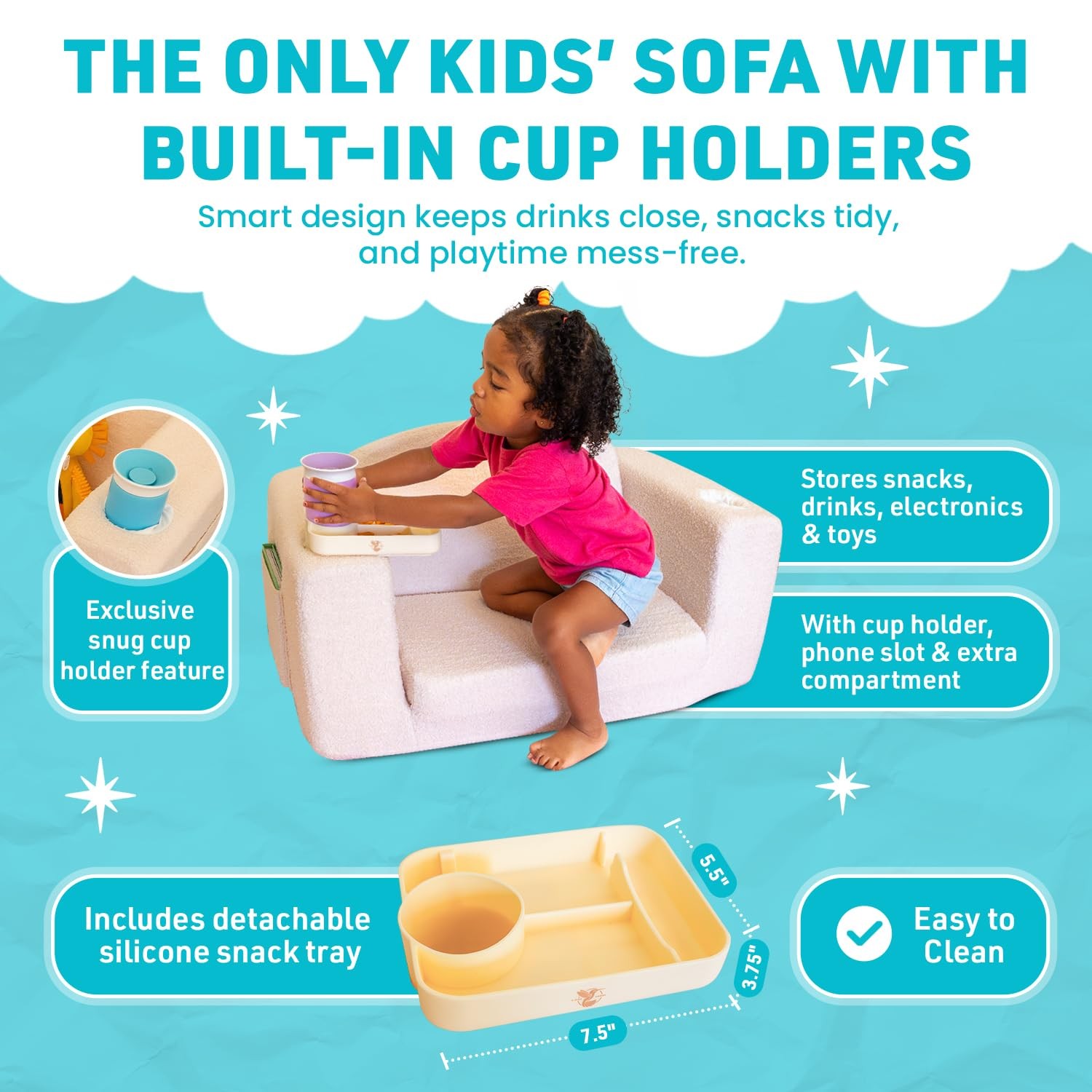 Extra Wide Toddler Lounge Chair with Built-in Cup Holders – Convertible 2-in-...