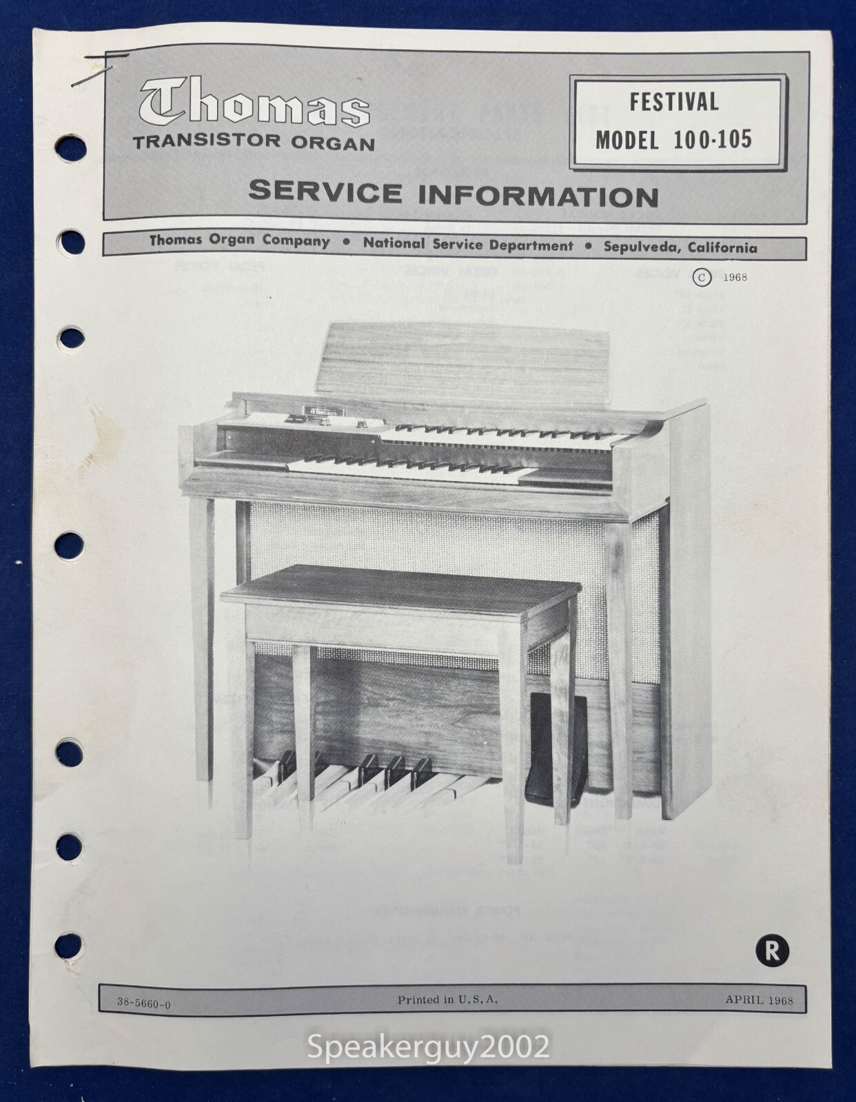 Original Thomas Organ / Festival 100 105 / Service Information Manual