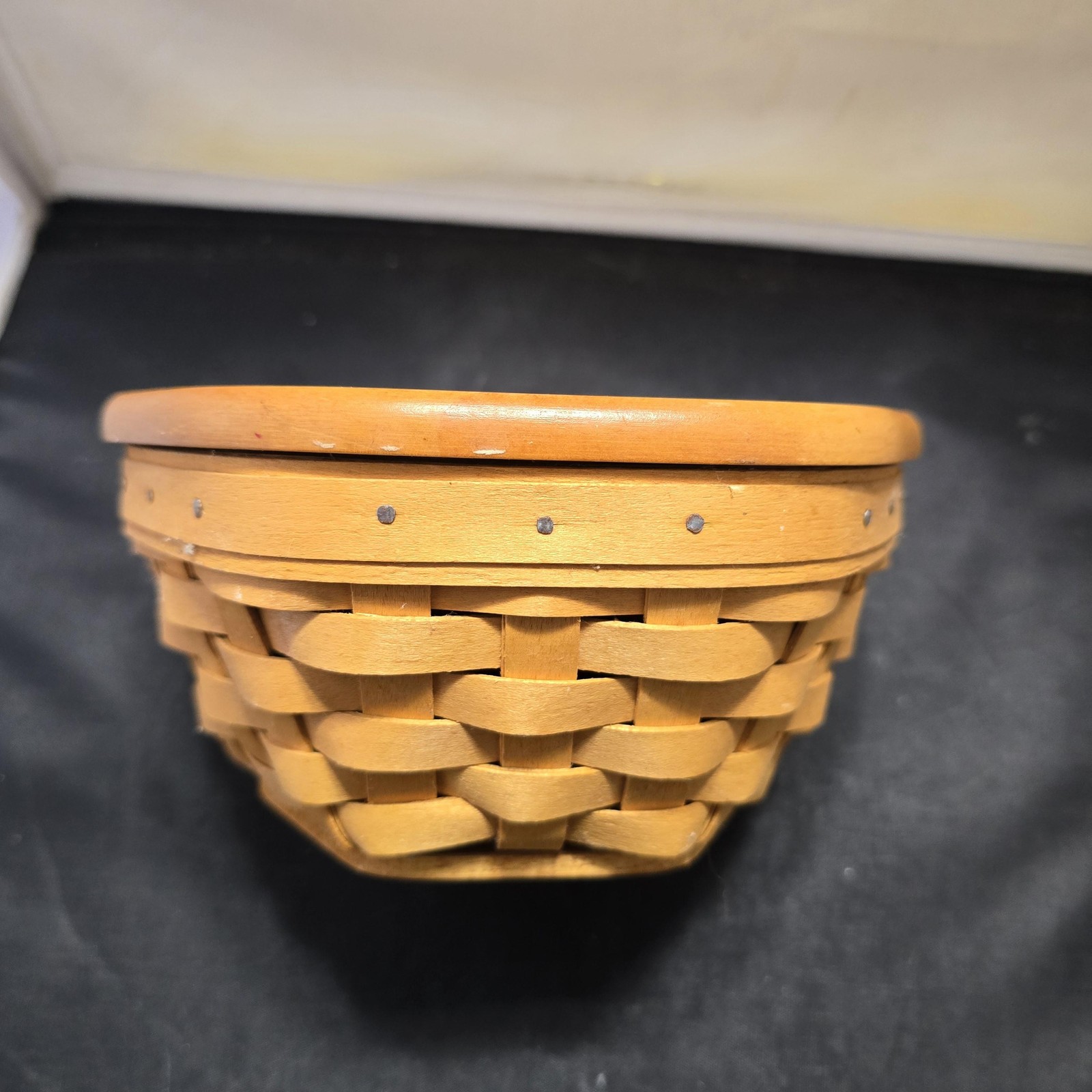 Vintage Longaberger Handwoven Basket With Lid Small Brown Wood Round Country USA