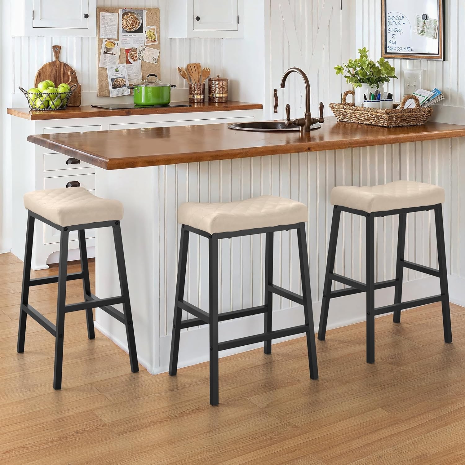 Counter Height Bar Stools Set of 3 Barstools W/ Thick PU Leather Saddle Seat &