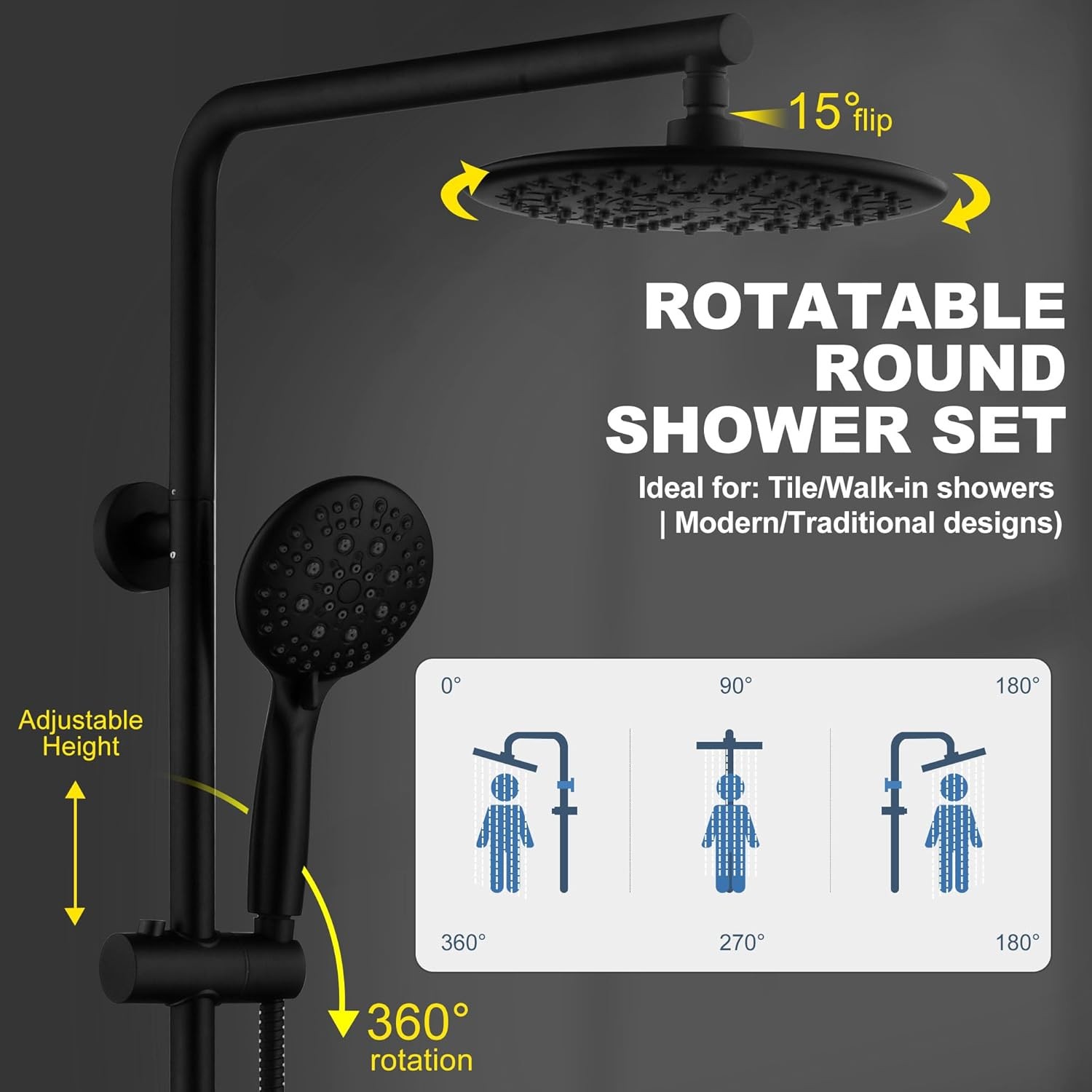 5-Function Retrofit Shower System Matte Black 9 Inch Rain Shower Head with