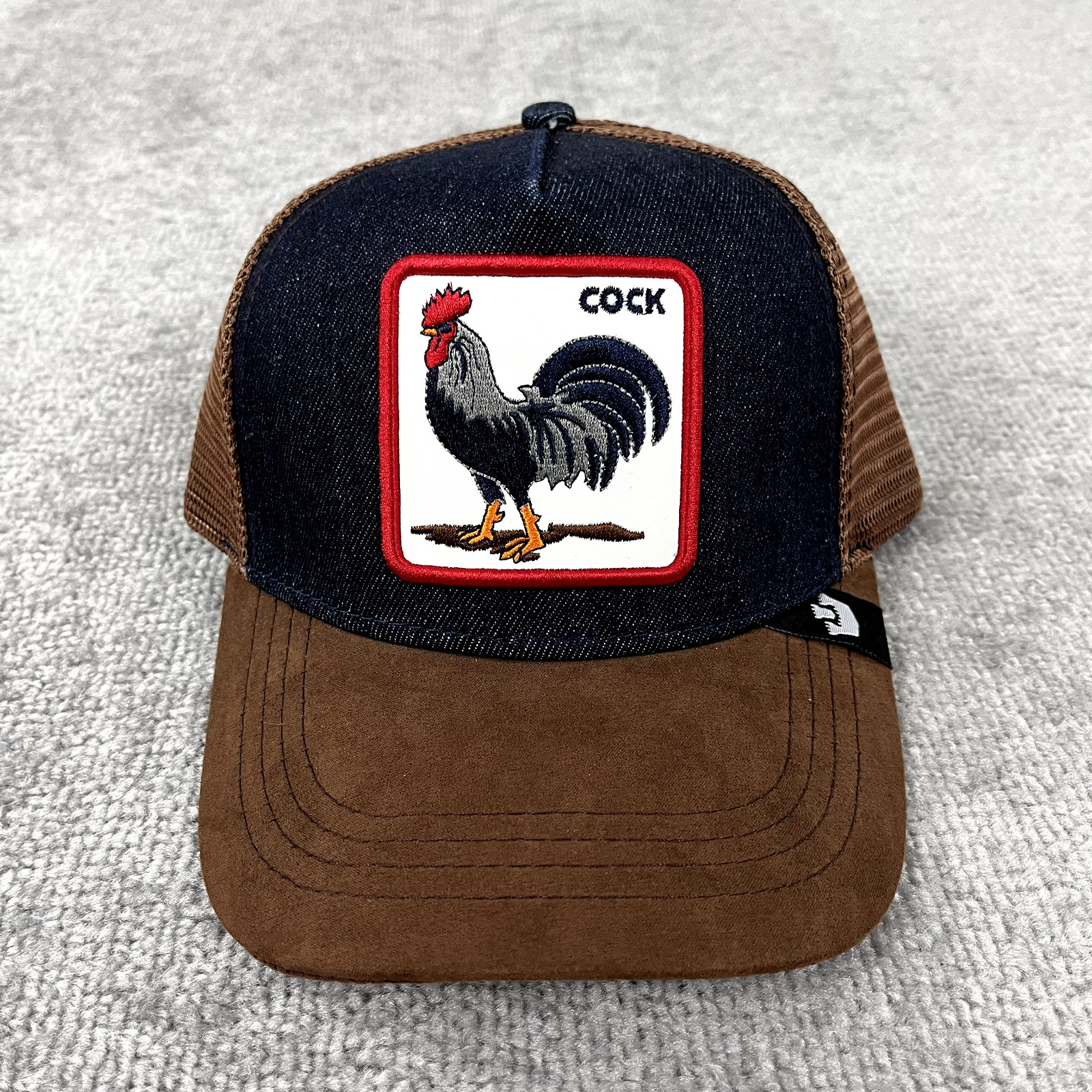 GOORIN BROS Hat Cap Snapback COCK Rooster Mesh Trucker Brown Suede Denim Upper
