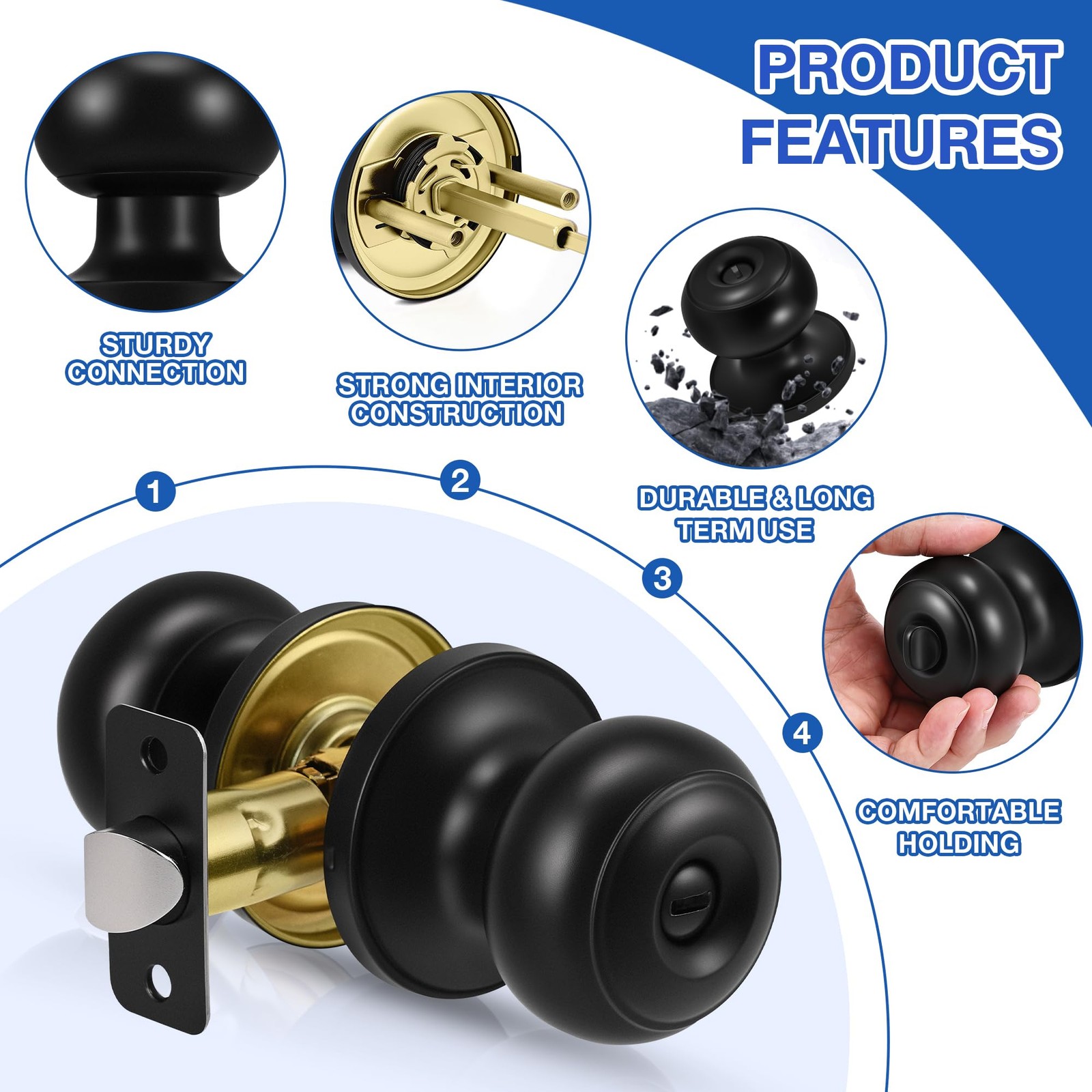 10 Pack Matte Black Door knobs, Keyless Interior Door Locks, Round Ball Keyle...