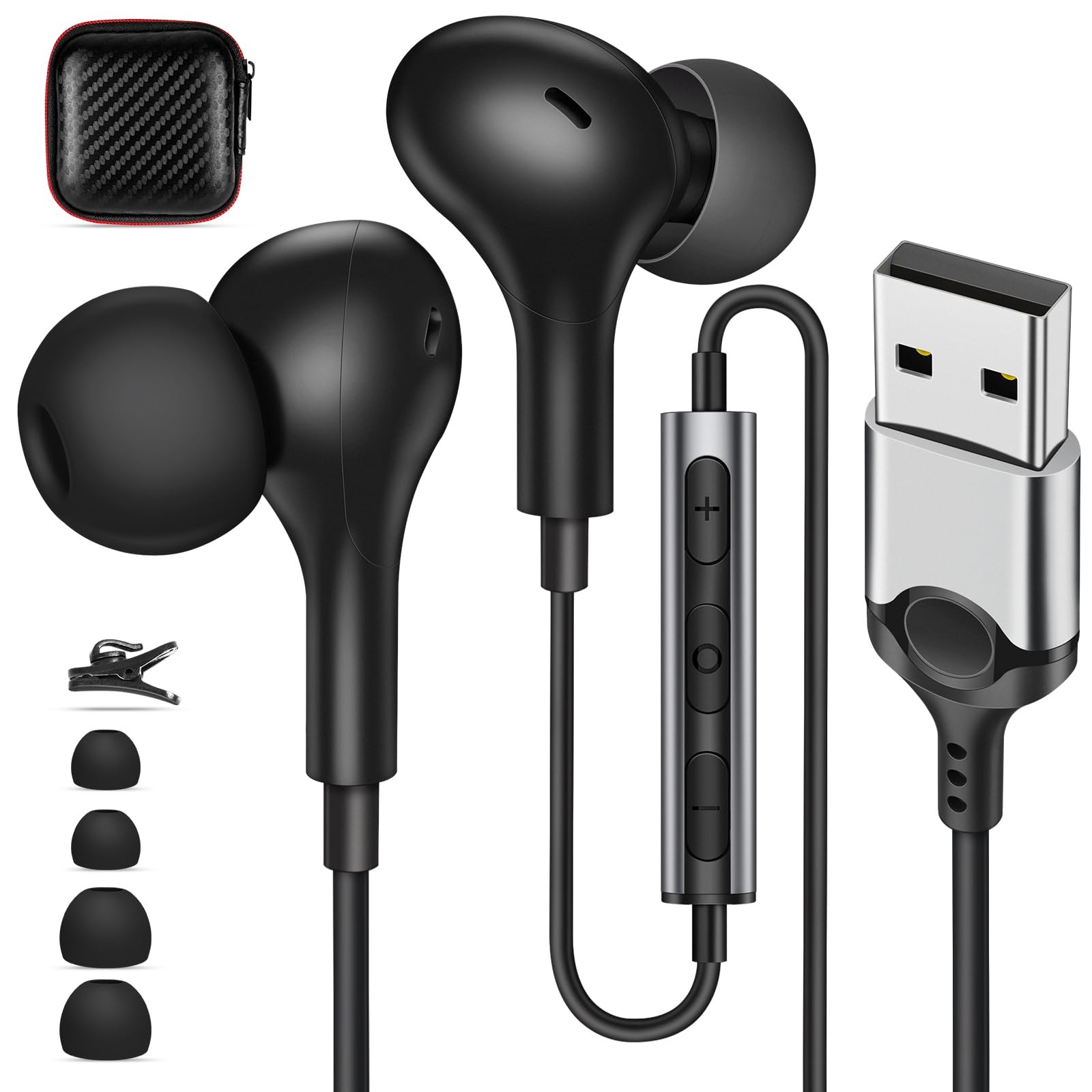 USB Earbuds with Microphone for PC Laptop,Wired USBA Headset Mic Black