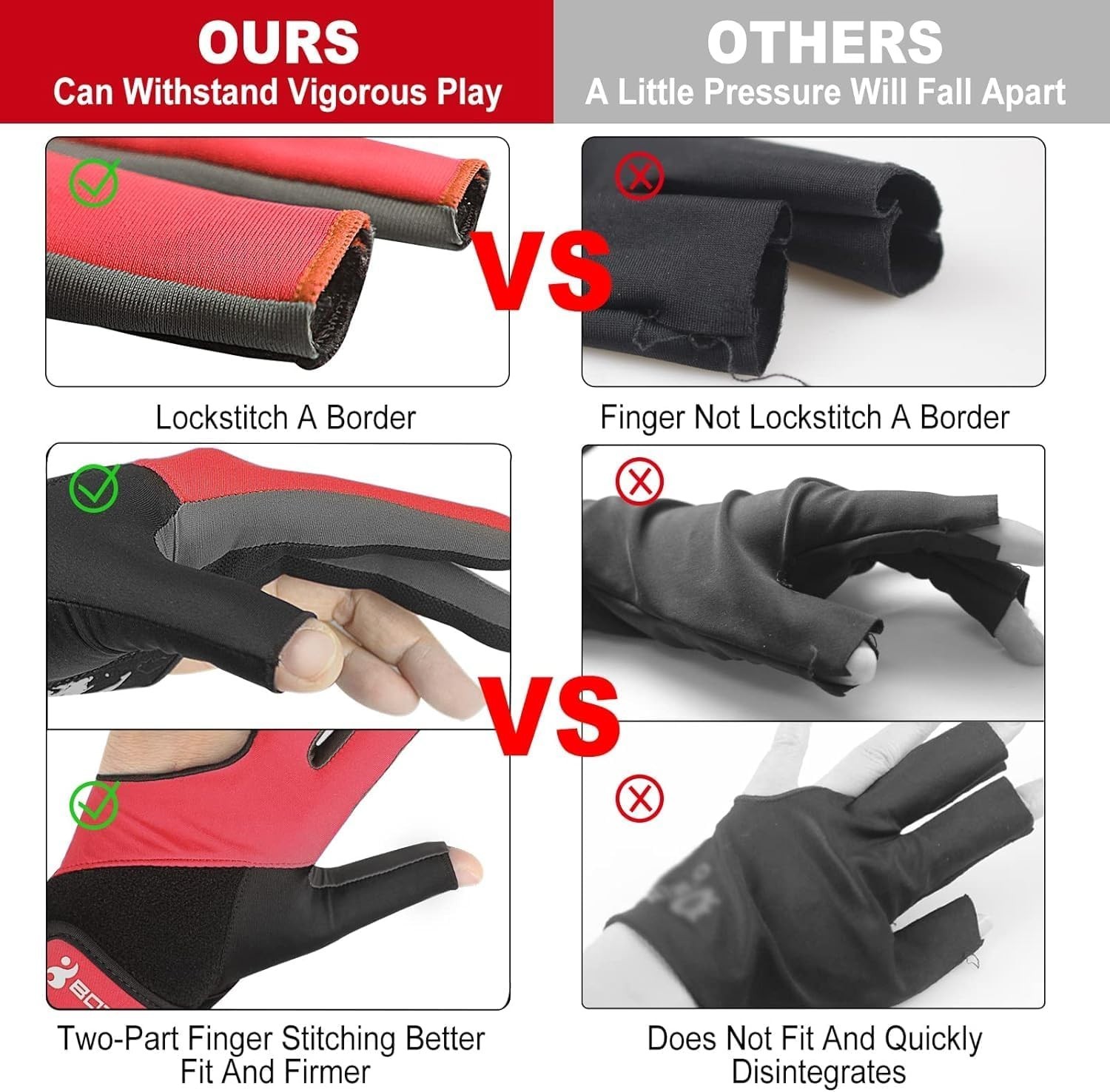 Billiard Pool Gloves for Left Hand 3 Finger, Splicing Process, Snooker Cue Sp...