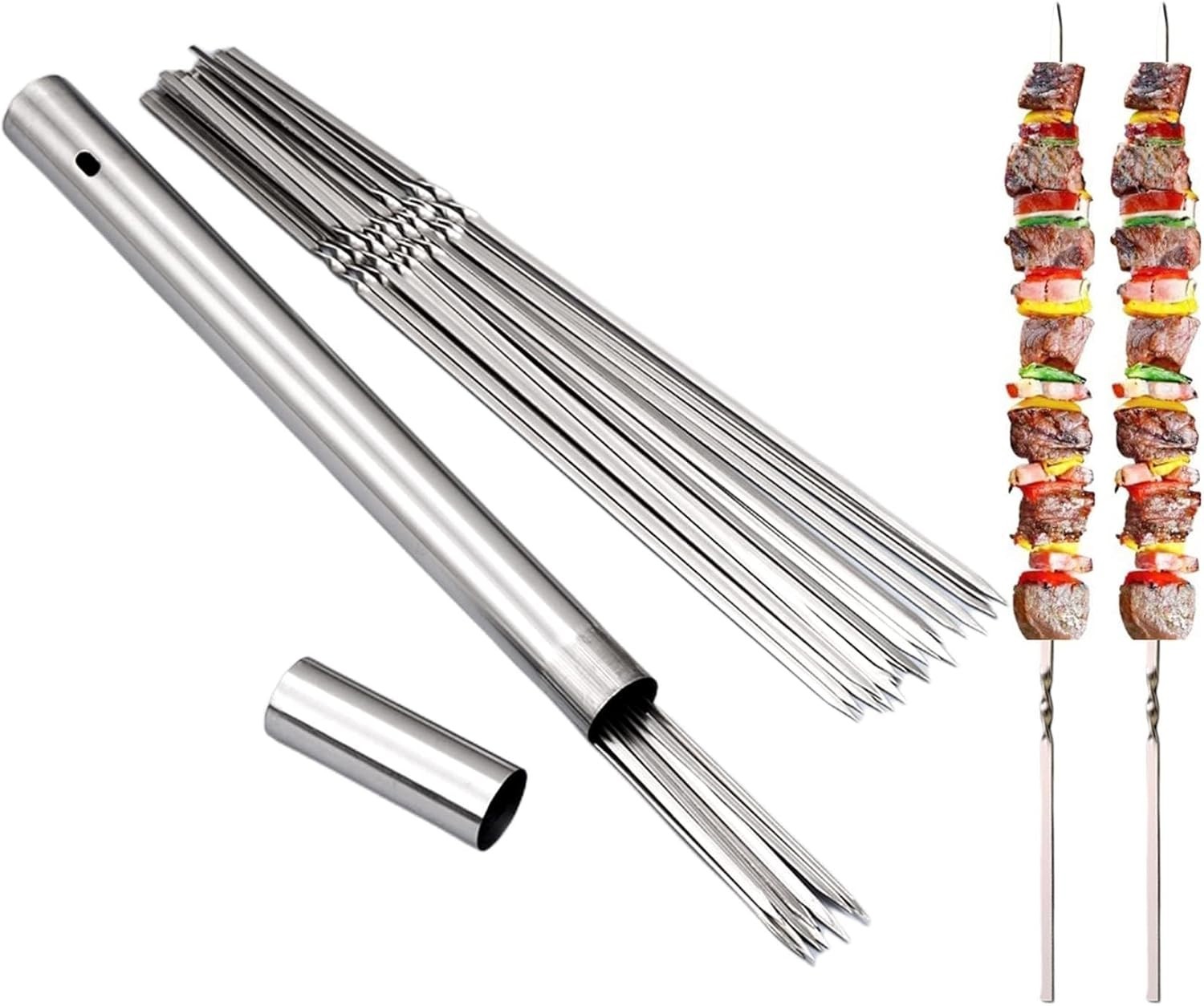 24PCS Stainless Steel 13.6" Long Flat Barbecue Skewers Portable W/Storage Tube