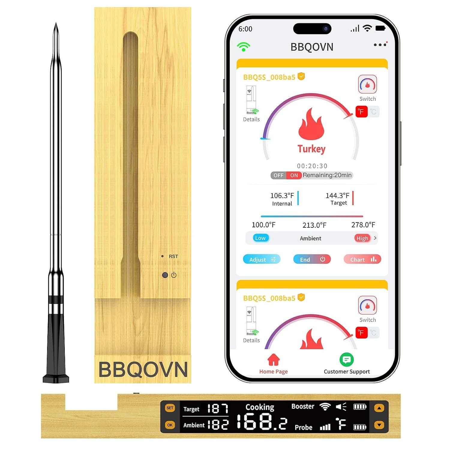 WiFi Sub-1G Wireless Meat Thermometer Unlimited Range, Check Temp Anywhere,7 NIS
