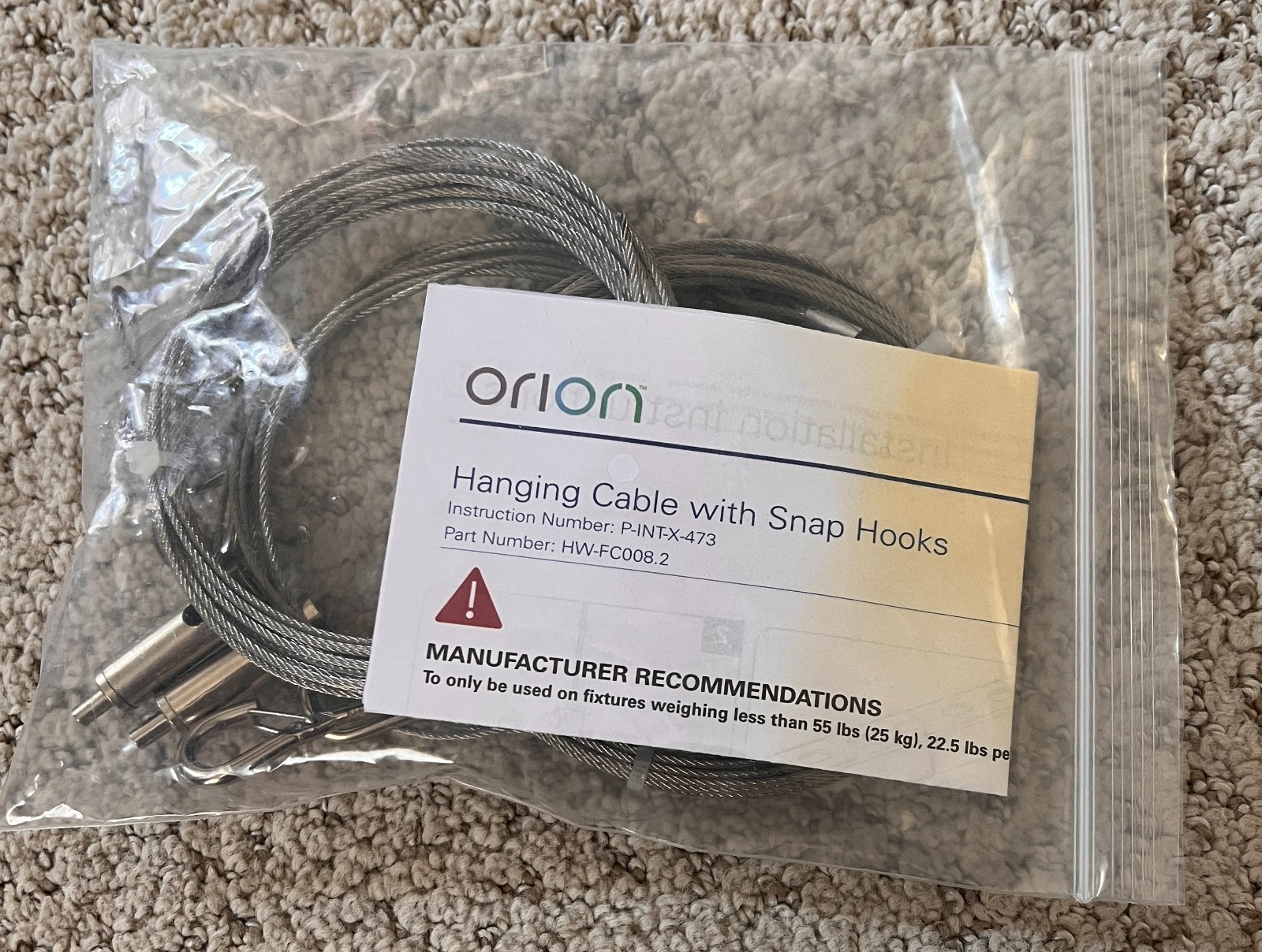 Orion Hanging Cable W/ Snap Hooks Model HW-FC008 Up to 55 LBS New