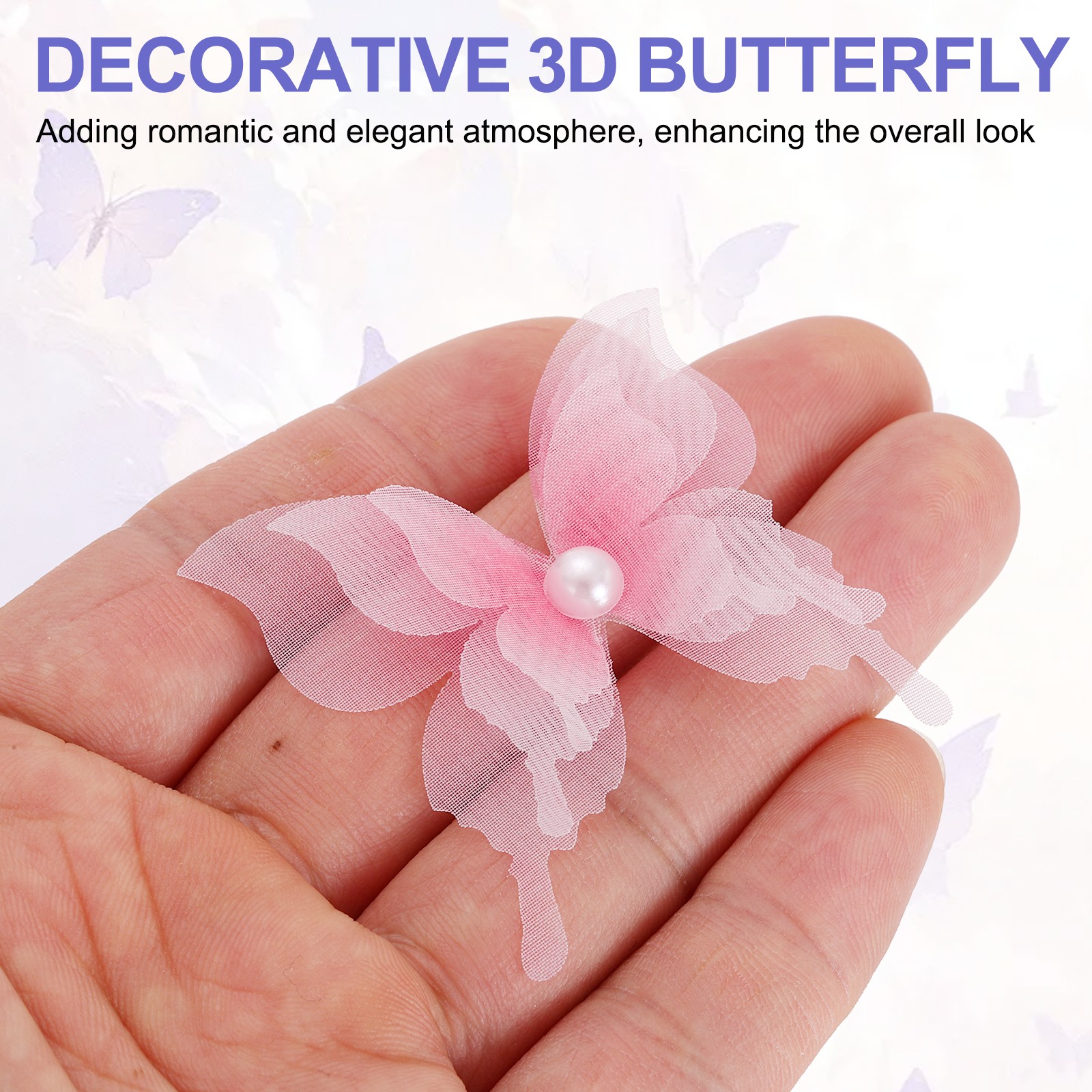 30Pcs Pearl Organza Butterfly, 1.8" x 2" 3D Fabric Butterfly for Craft, Pink