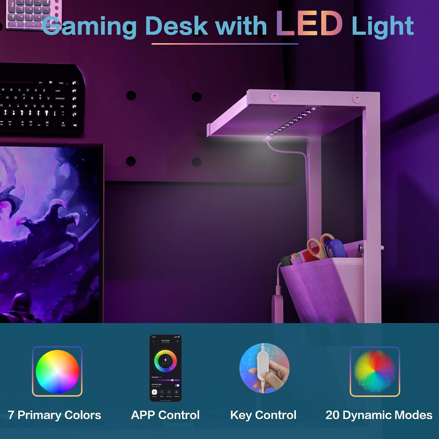 Compact 33.7" Computer Desk with Power Outlets, LED Lights & Storage Hooks