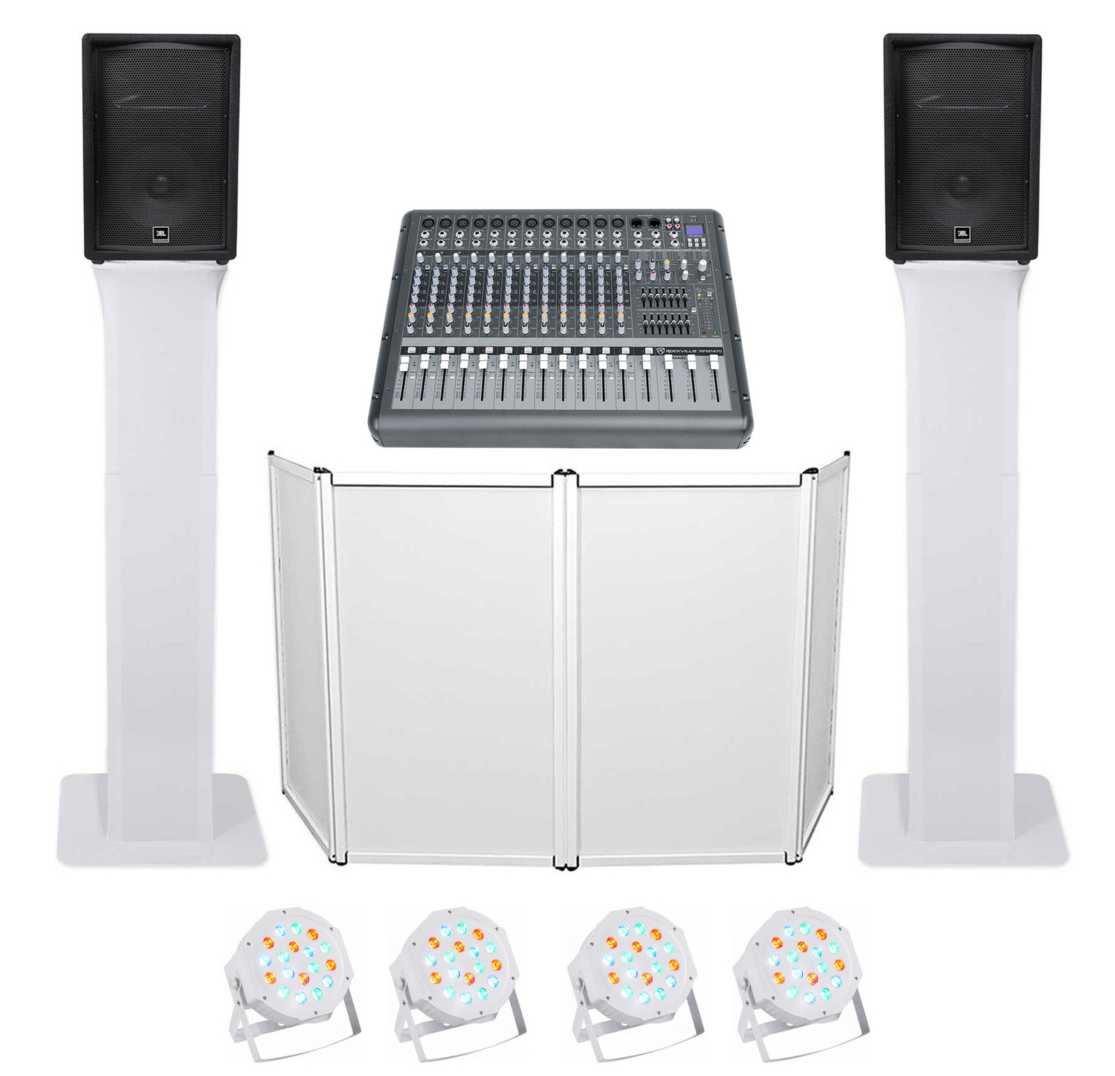DJ Package w/(2) JBL JRX212 2000w 12" Speakers+Powered Mixer+Totem Stands+Facade
