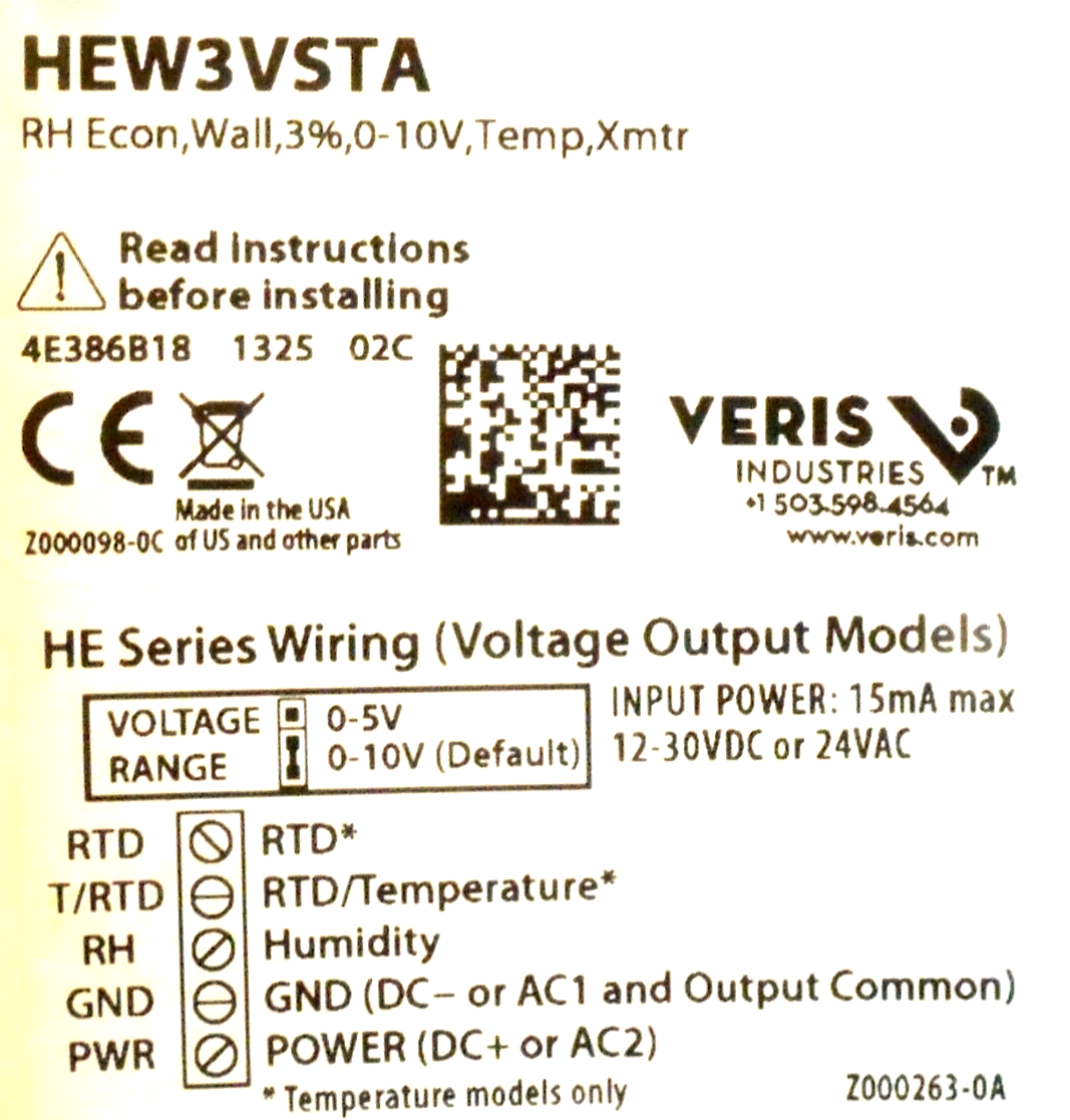 NIB Veris HEW3VSTA Wall Humidity Sensor