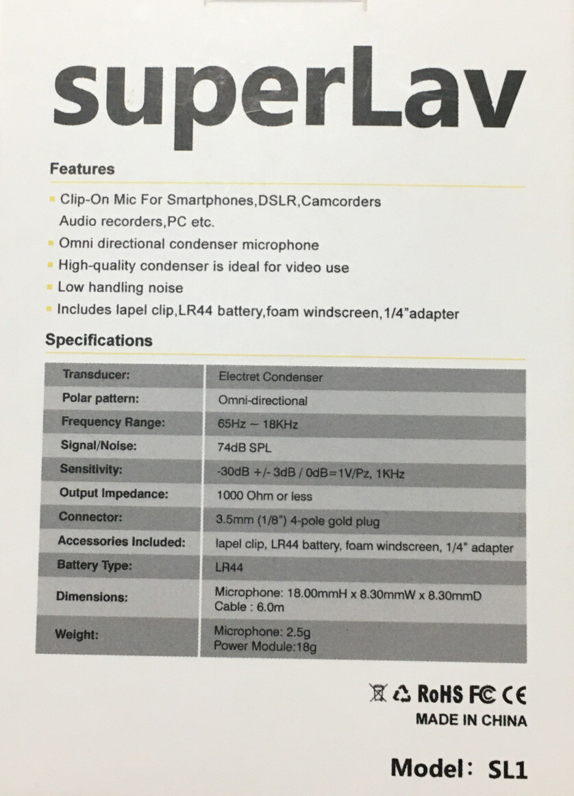 SuperLav Lavalier Microphone Micro-Cravate Model: SL1