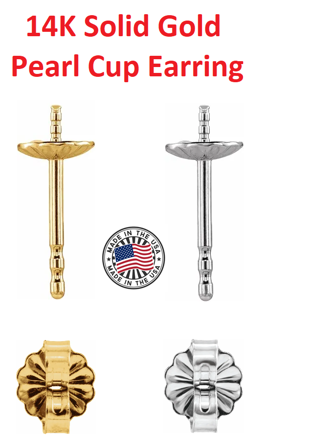 14K Gold Pearl Cup Earring Stud Setting 3mm-14mm Pearl 1 Piece