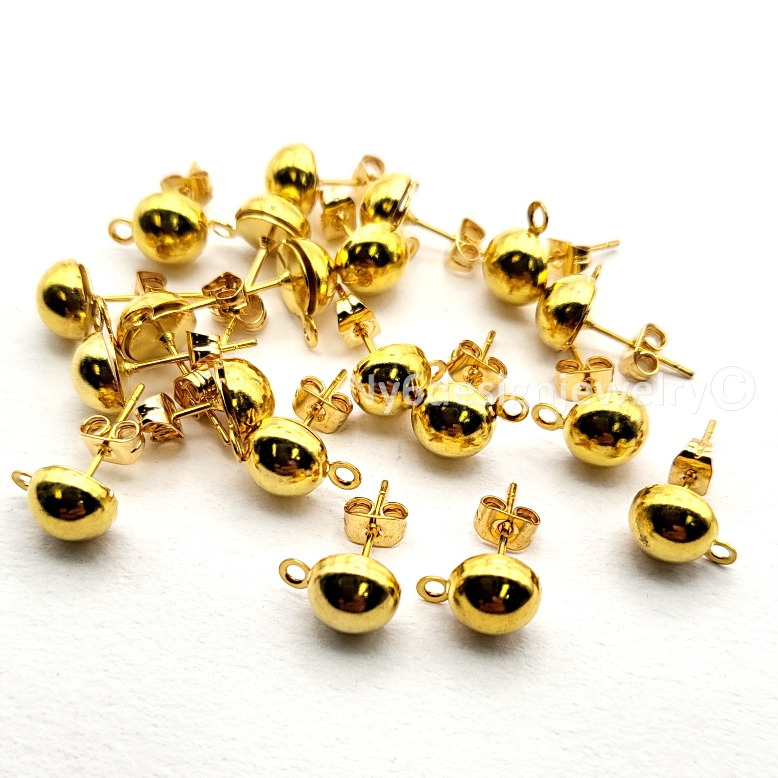 7mm Gold Plated Ball Stud Earrings with Loop 20pcs Post Earrings with Open Ring